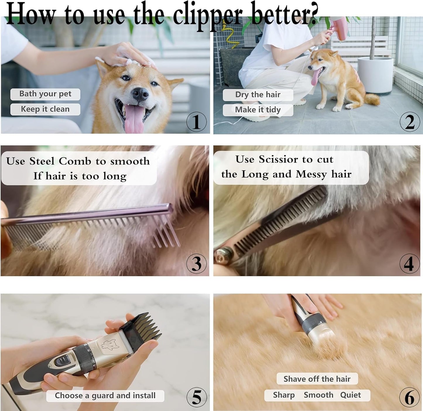 Highdas Dog Grooming Kit Clippers, Low Noise, Electric Quiet, Rechargeable, Cordless, Pet Hair Thick Coats Clippers Trimmers Set, Suitable for Dogs, Cats, and Other Pets (Gold)
