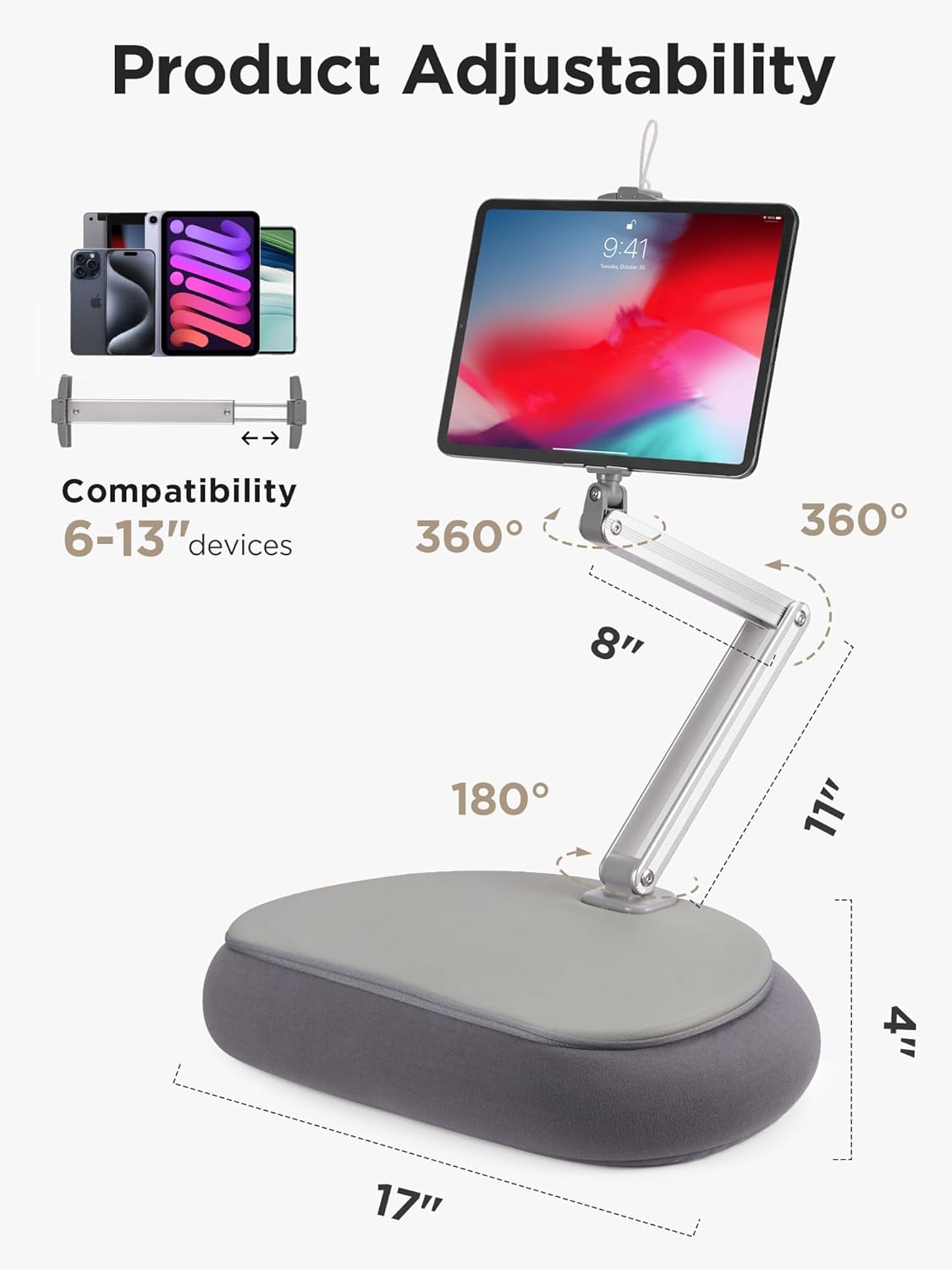 InnoGear Tablet Pillow Stand for Lap, 360° Adjustable Hands-Free Holder Mount for Bed Sofa Reading Compatible with 6" - 13" iPad Kindle iPhone E-Reader