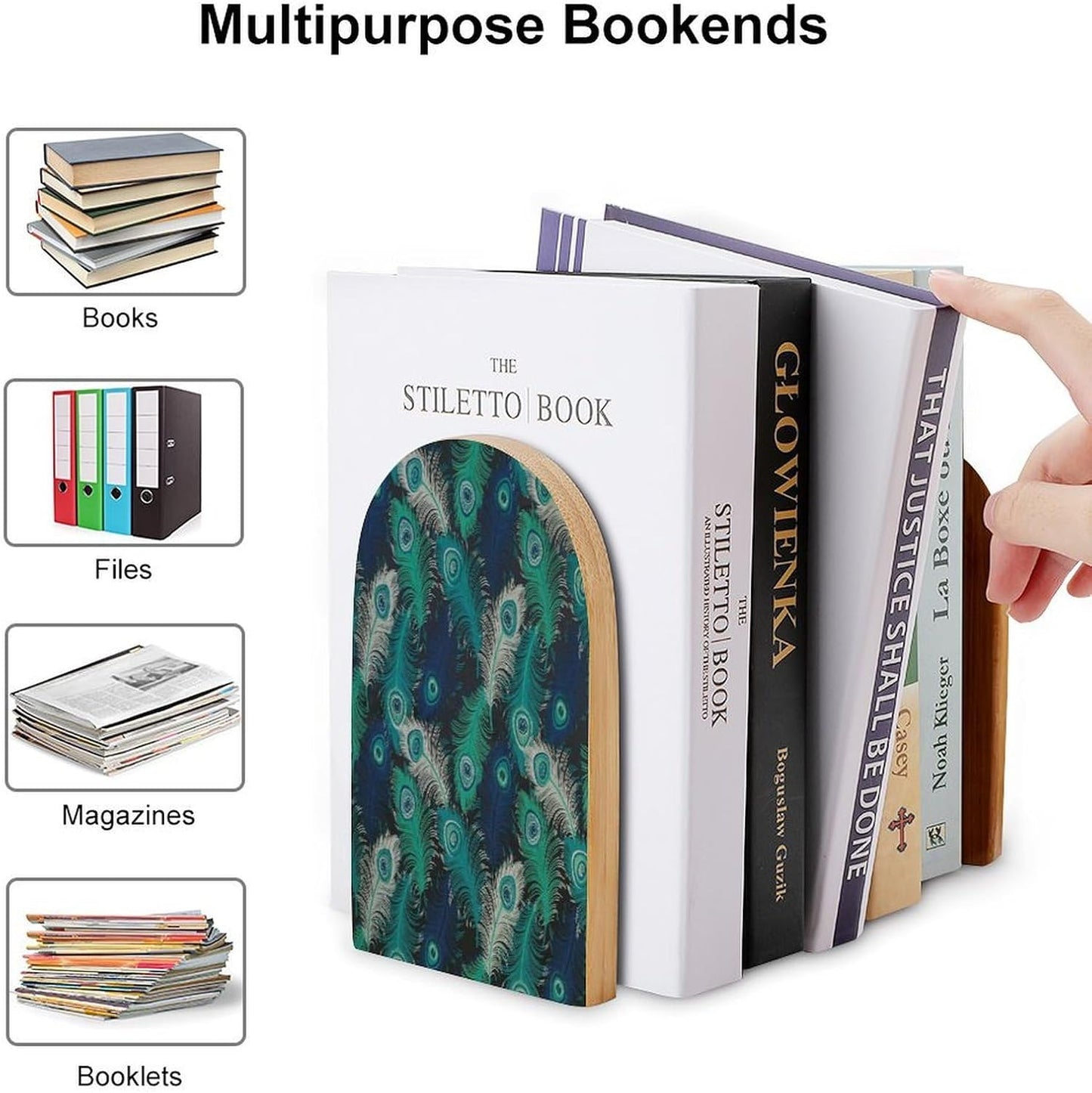 Fresh Peacock Wooden Bookend Non-Slip Book Ends Heavy Duty Book Stopper with Metal Base Books Holderd Decorative Bookends Stands Firmly for Office Supplies