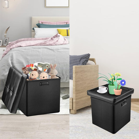 Tamfile Small Ottoman with Storage, 13 x 13 x 13 inch Fireproof Safe Folding Ottoman with Lock for Important Documents, Waterproof Foot Rest Stool with Storage, Ottoman Foot Rest with Handle, Black