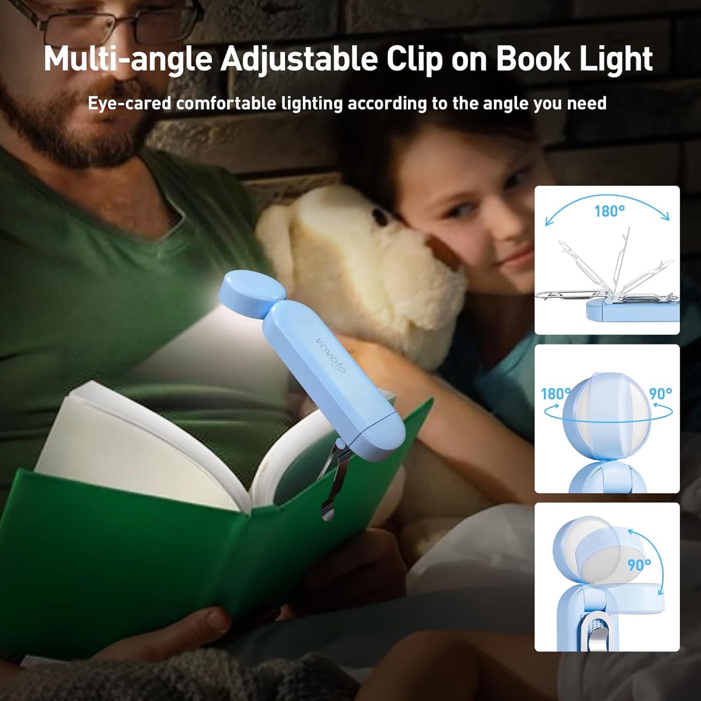 VAVOFO USB Rechargeable Book Light, Blue Lighting Blocking, Amber Light Clip On Bookmark Shaped 6 LEDs Reading Light, Eye Care for Bookworms Reading in Bed with 9 Lighting Modes (Light Blue)