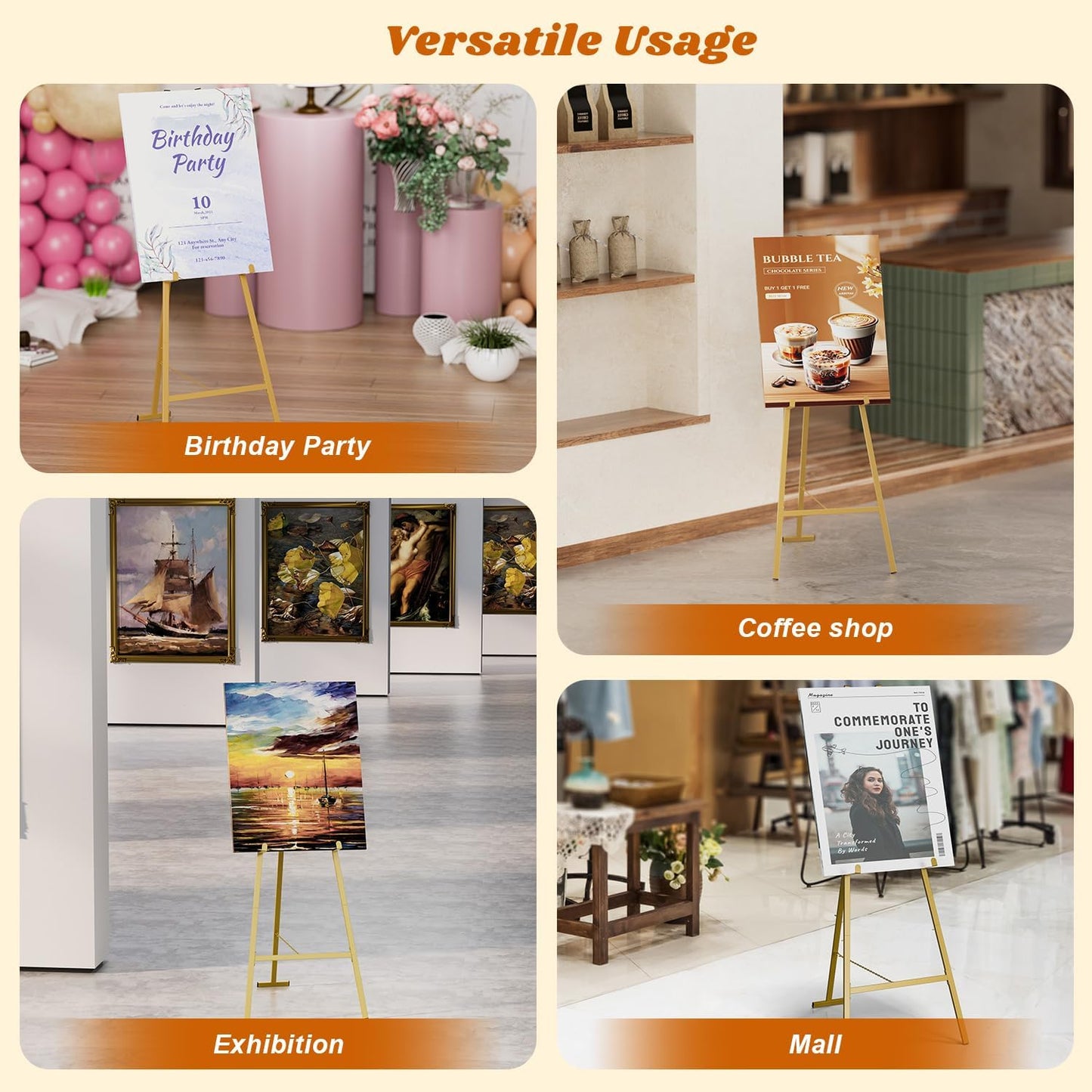 Large Easels for Display, Gold Decorative Metal Poster Easel Stand for Sign Wedding Welcome Sign Floor Stand with Adjustable Chain Support for Art, Picture Frame, Mirror (50" H)