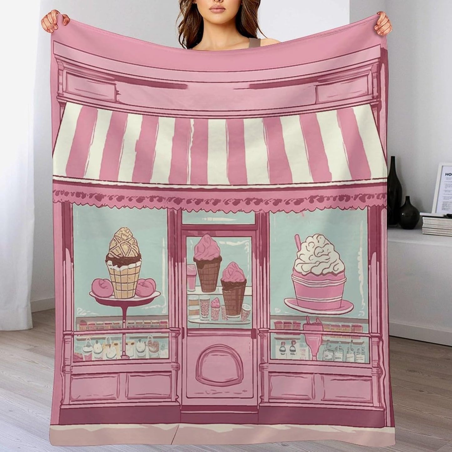 Ice Cream Store Pink Throw Blanket for Couch Super Soft Warm Lightweight Throw Blankets Cozy Flannel Bed Blanket Cute Decorative Blankets for All Seasons Home Decor Gift 30"*40"（76 * 100cm）