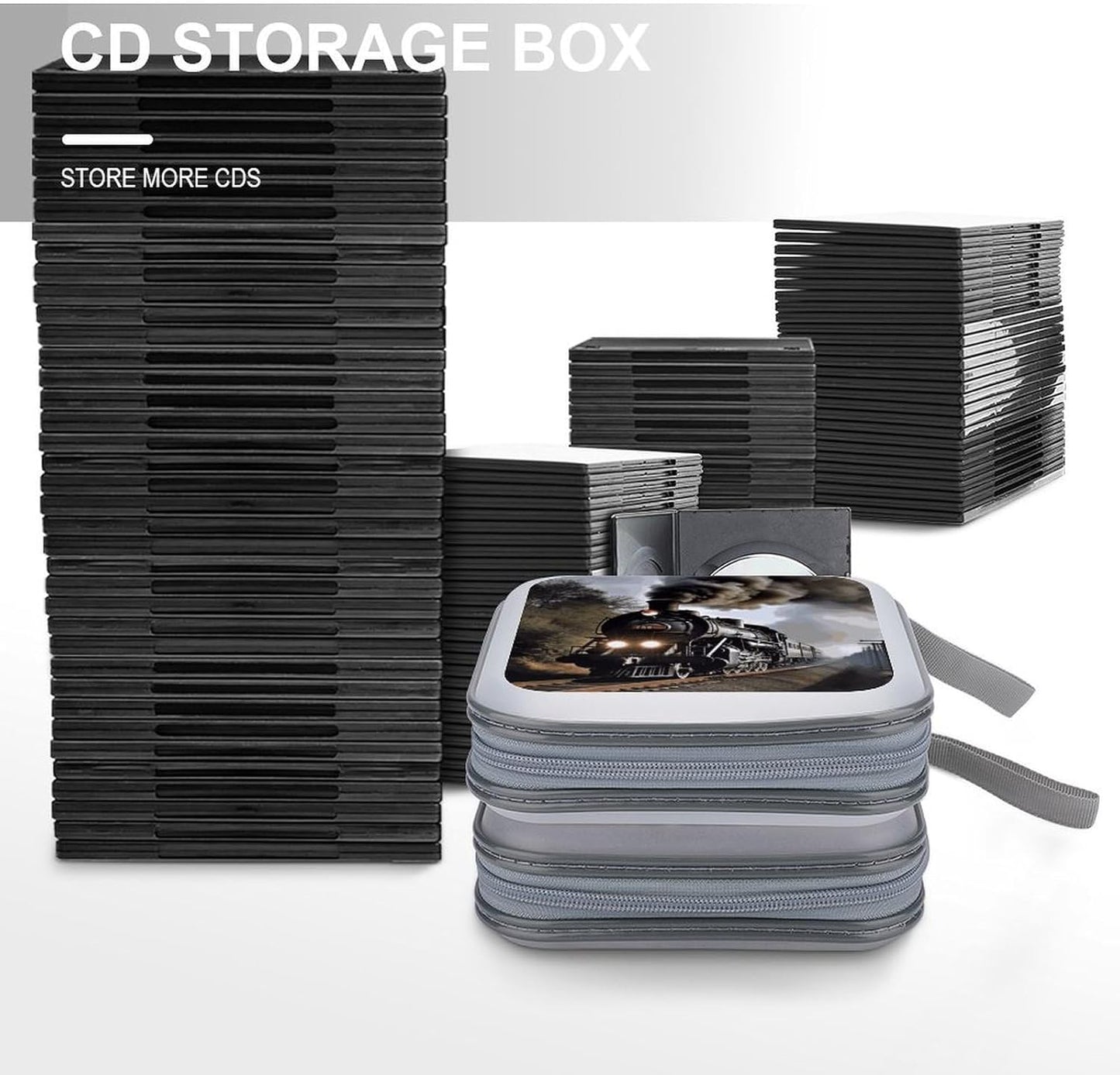 Steam Train CD Case 40 Capacity Case Zipper CD Collection Bag with Handles Cover DVD Storage Hard Plastic DVD Disc Cases Storage Binder for Car Home Office Travel
