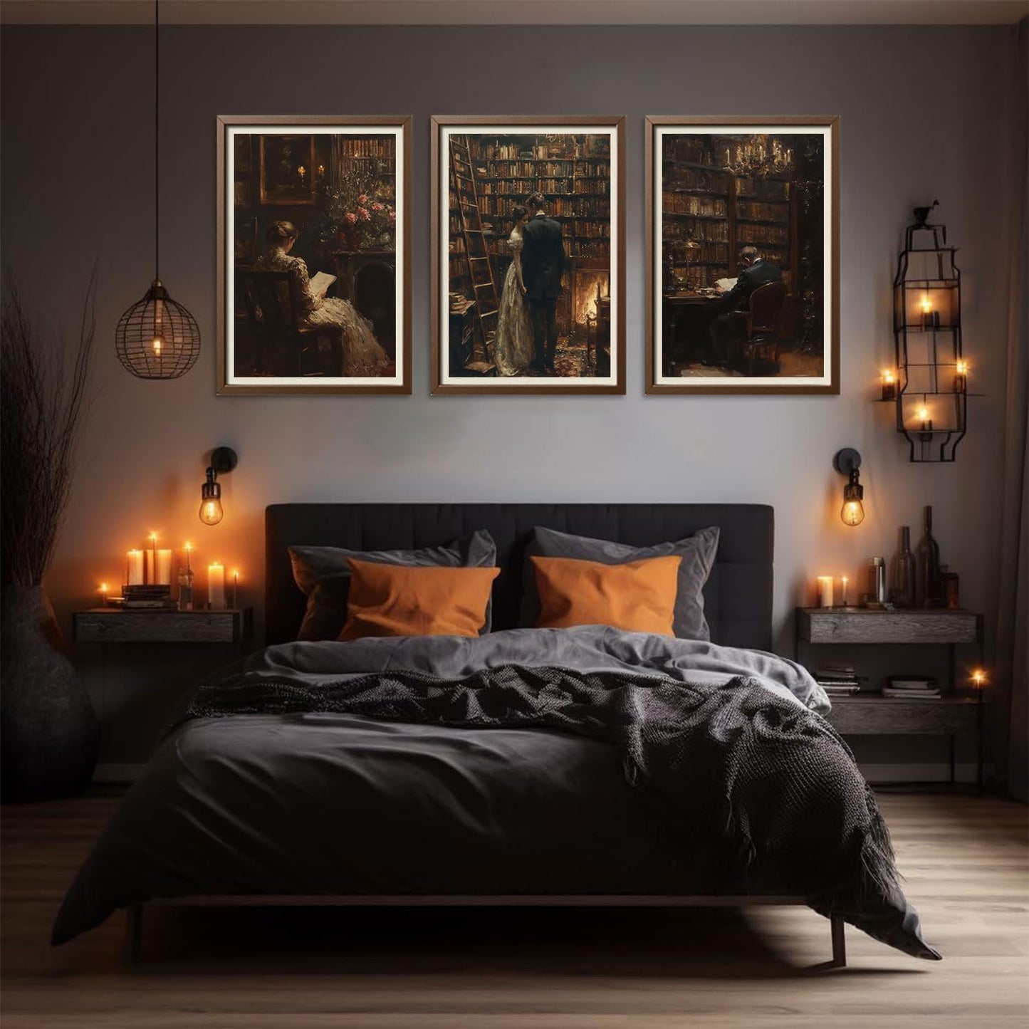 3Pcs Dark Academia Canvas Wall Art Vintage Victorian Couple Read Wall Decor Pictures Moody's Dark Library Posters Prints Gothic Lovers Paintings for Study Gallery Living Room Home Decoration Unframed