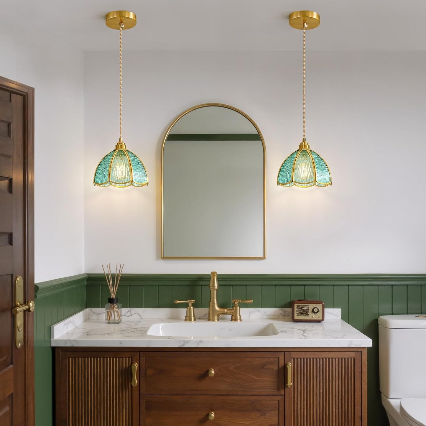 Adjustable Pendant Light for Kitchen Island with Blue Green Glass Shade - Vintage Farmhouse Hanging Light Fixture, Chandelier for Dining Room Hallway Entryway (1 Pack