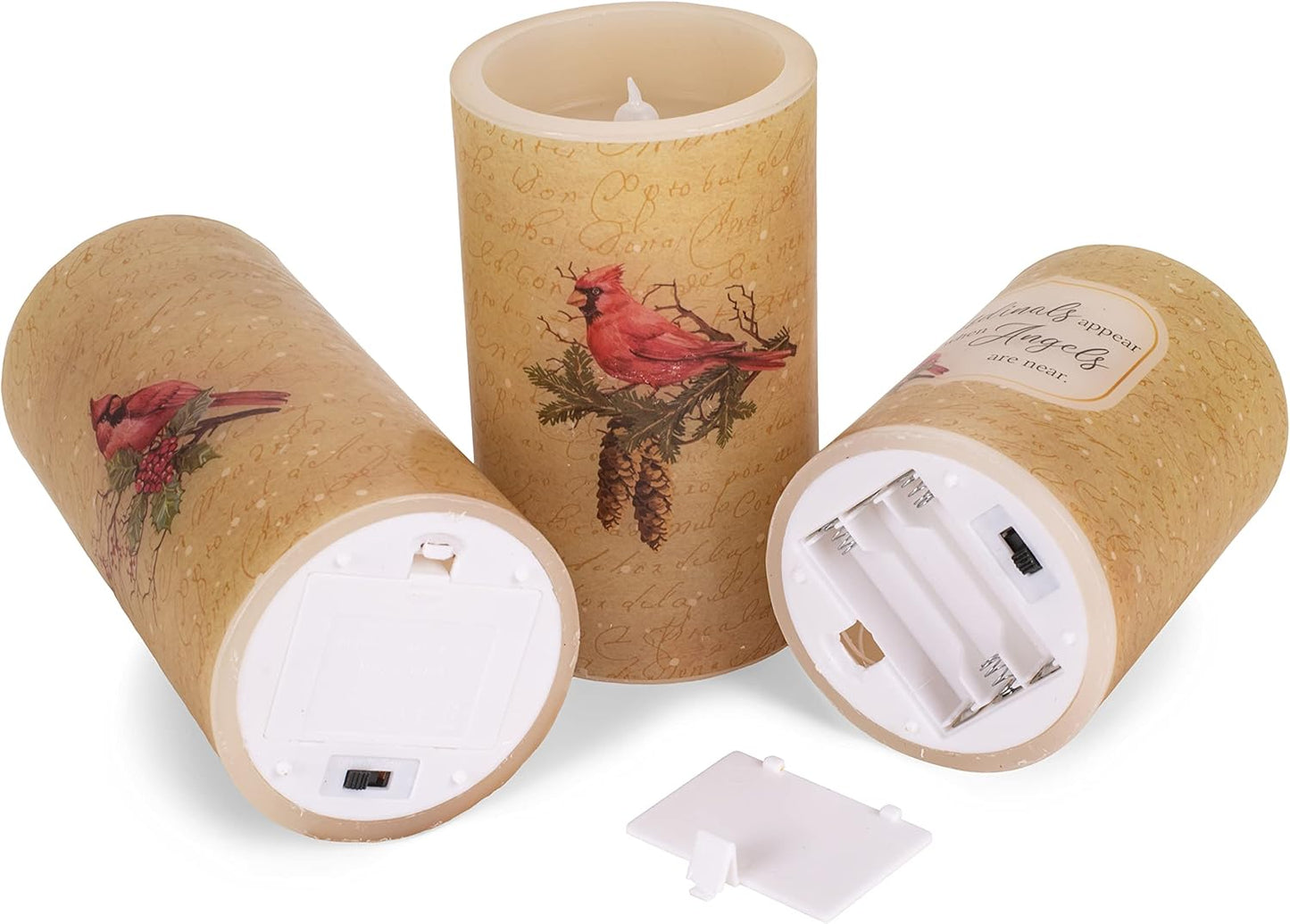Elanze Designs Cardinal Birds and Angels Red 6 inch Wax LED Flameless Pillar Candles Set of 3