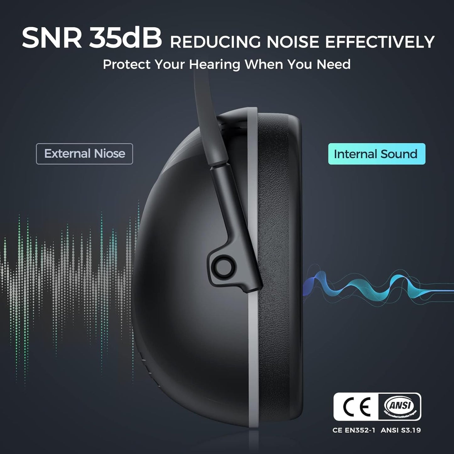 SNR 35dB Hearing Protection Ear Muff, Effective Ear Protection, Noise Cancelling Headphones for Adults Kids Mowing Autism, Adjustable Noise Cancelling Ear Muffs, Safety Earmuffs with Storage Bag