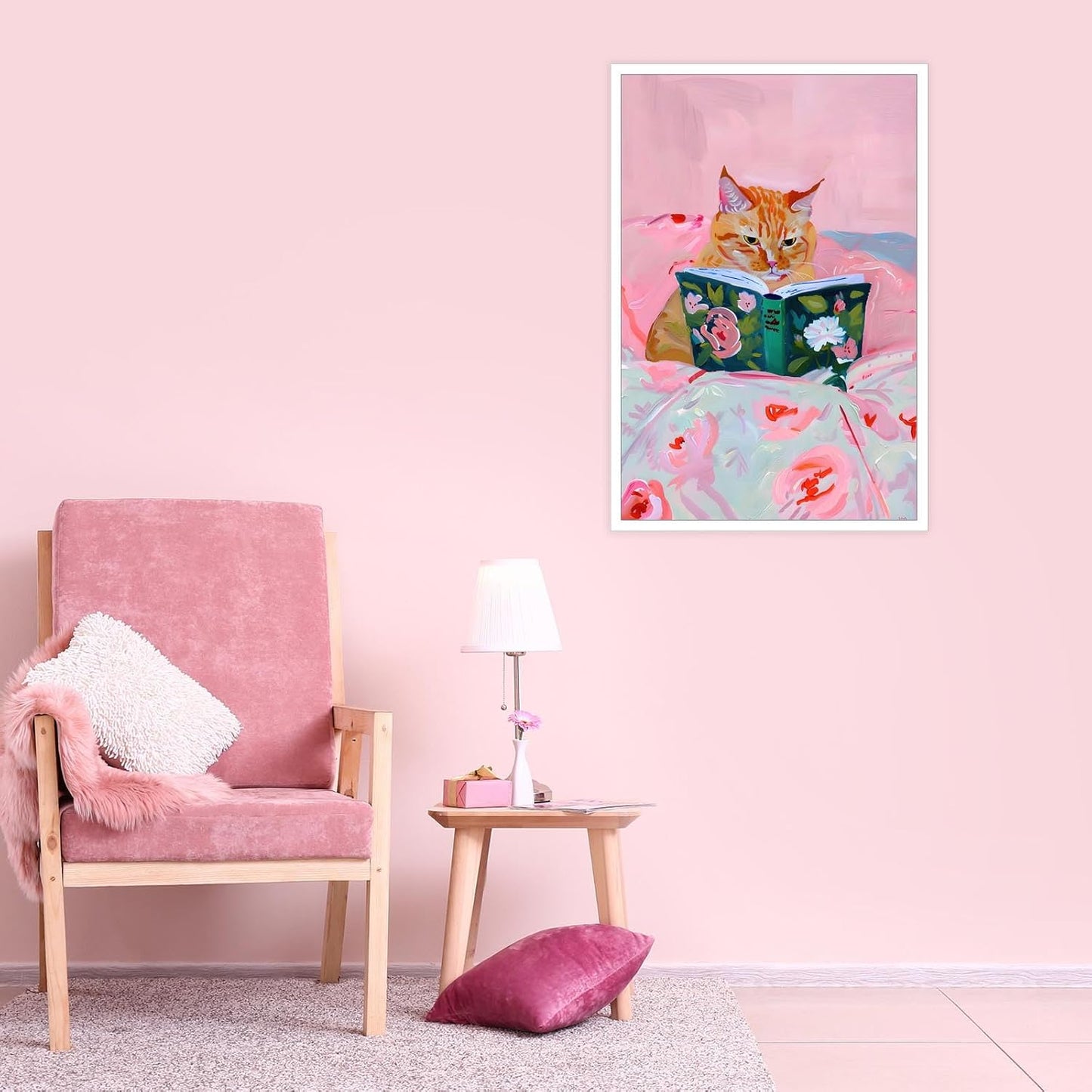 Trendy Orange Cat Posters Cute Minimalist Pink Flowers Pet Canvas Wall Art Funky Funny Animal Cat Is Reading Prints Painting For Home Bedroom Dorm Living Room Wall Decor 8x10 in Unframed