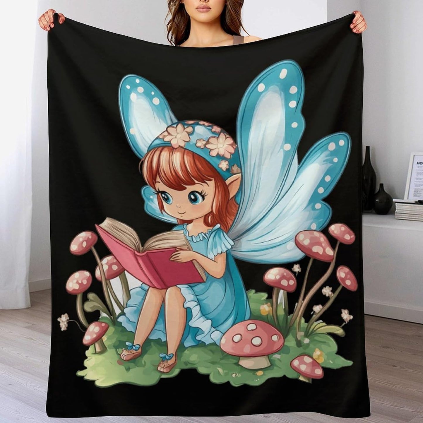 Fairy Mushroom Reading Flannel Blanket Cozy Fuzzy Plush Throw Blankets for Couch Bed 50"*60"（130 * 150cm）
