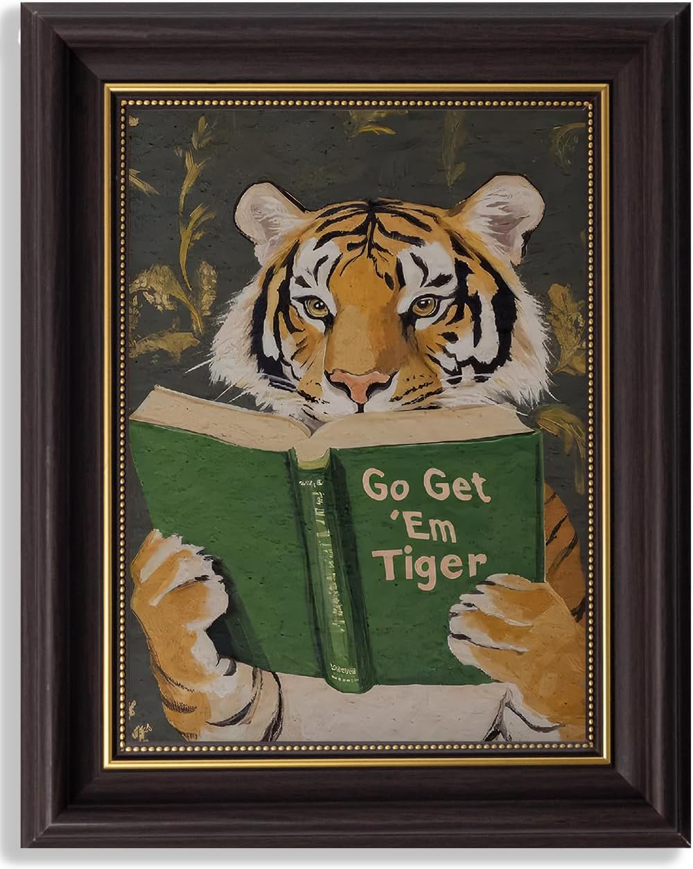 Vintage Framed Wall Art Motivational Tiger Go Get’Em Tiger Animal Reading Painting Picture Wall Decor Humorous Bookworm Poster Print Artwork for Library Office Or Study Home Decoration