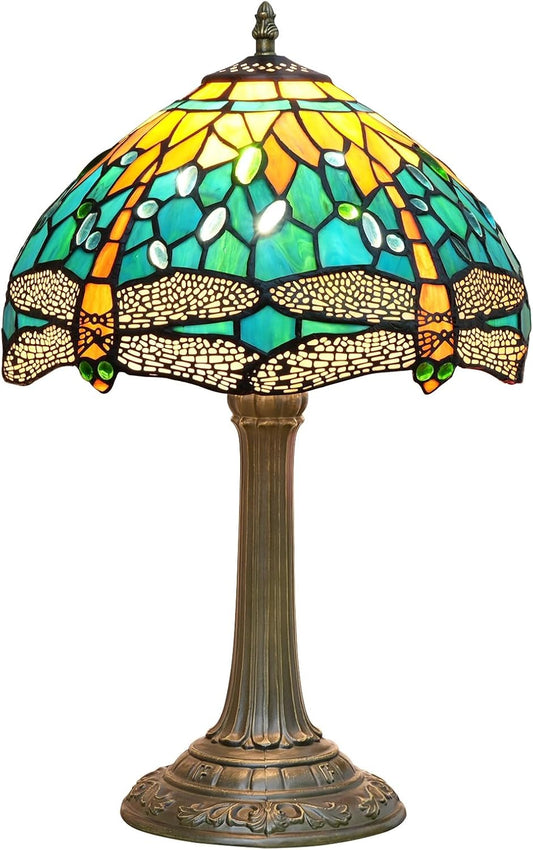 Tiffany Lamp Green Dragonfly Style Stained Glass Lamps Teal Bedroom Bedside Table Lamp for Dorm Office Art Craft Antique Decor Accent Aesthetic Nightstand Retro Metal Reading Lamps 12 inch