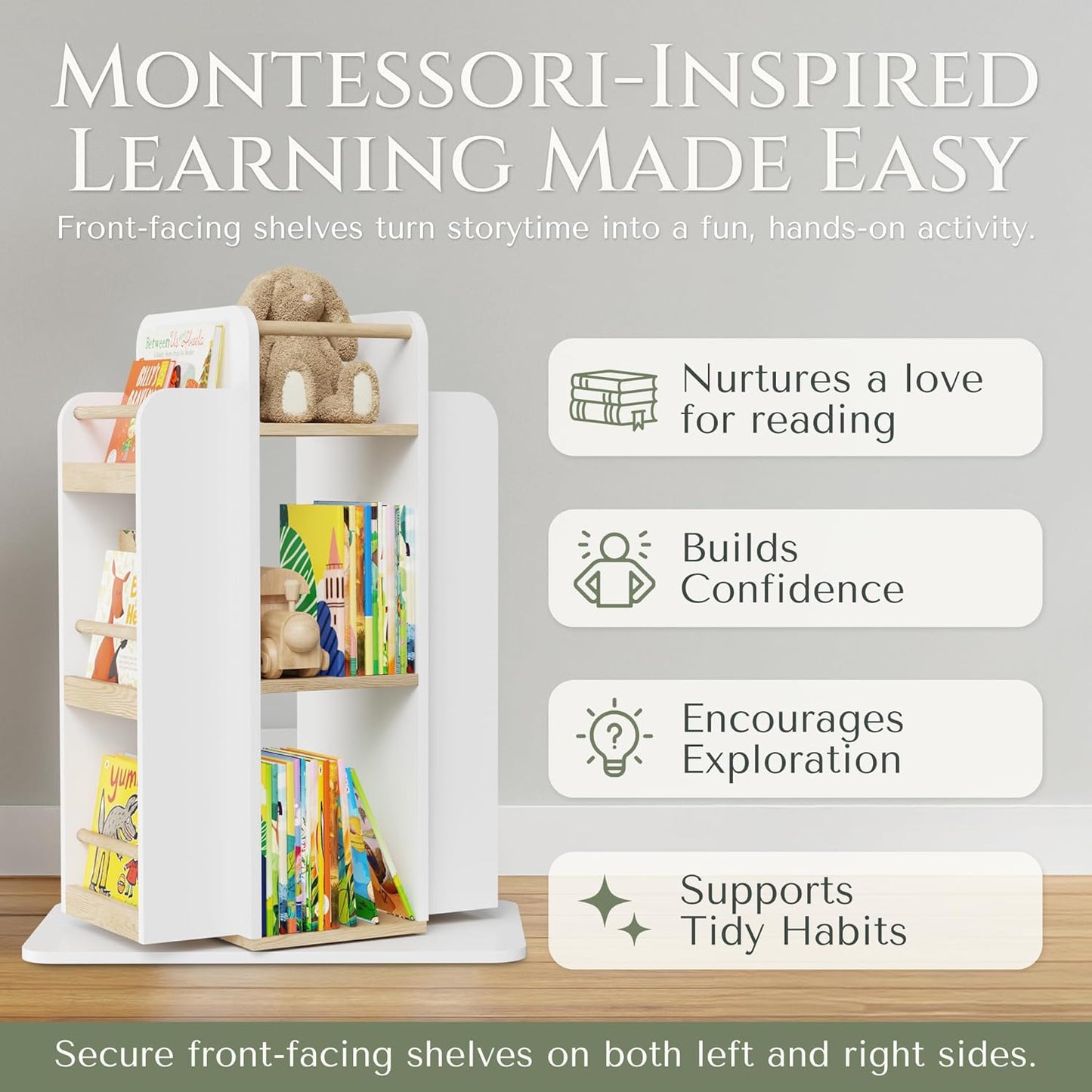 COVE & KIN Kids Rotating Bookshelf Organizer – 360° Montessori-Inspired Front-Facing Bookcase for Toddlers & Kids, Space-Saving Wooden Book Shelf for Nursery, Playroom & Bedroom