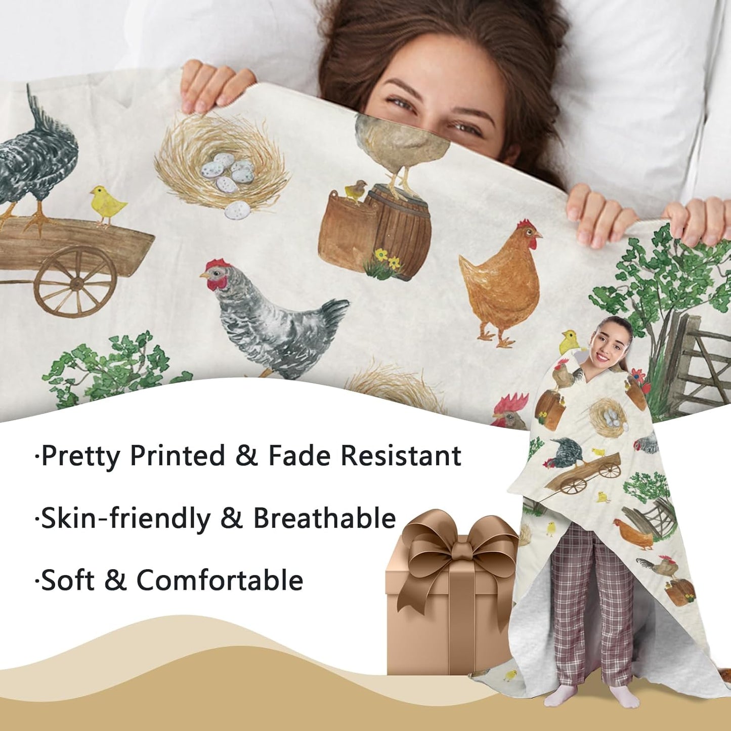Farm Animal Chicken Flannel Throw Blanket, Cute Birthday for Kids Boys Girls Men Women, Farmhouse Rooster Hen Chicks Eggs Botanical Soft Blankets for Bedding Sofa 50 x 60 Inches