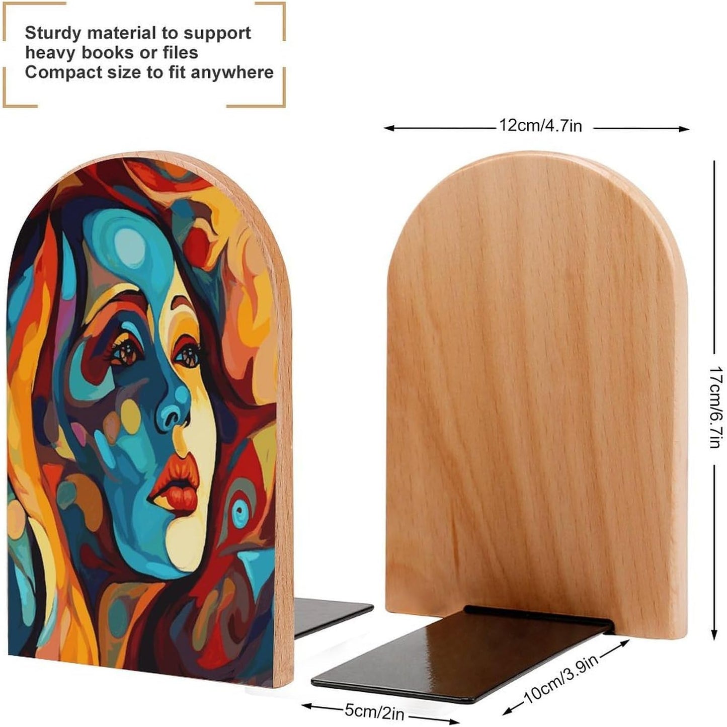 Non-Slip Bookend for Shelves Abstract Colored Woman Face Wooden Bookends with Metal Base Decorative Book Stopper for Home Heavy Duty Wood Book Storage for Books/CDs