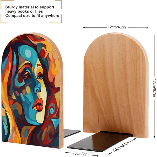 Non-Slip Bookend for Shelves Abstract Colored Woman Face Wooden Bookends with Metal Base Decorative Book Stopper for Home Heavy Duty Wood Book Storage for Books/CDs