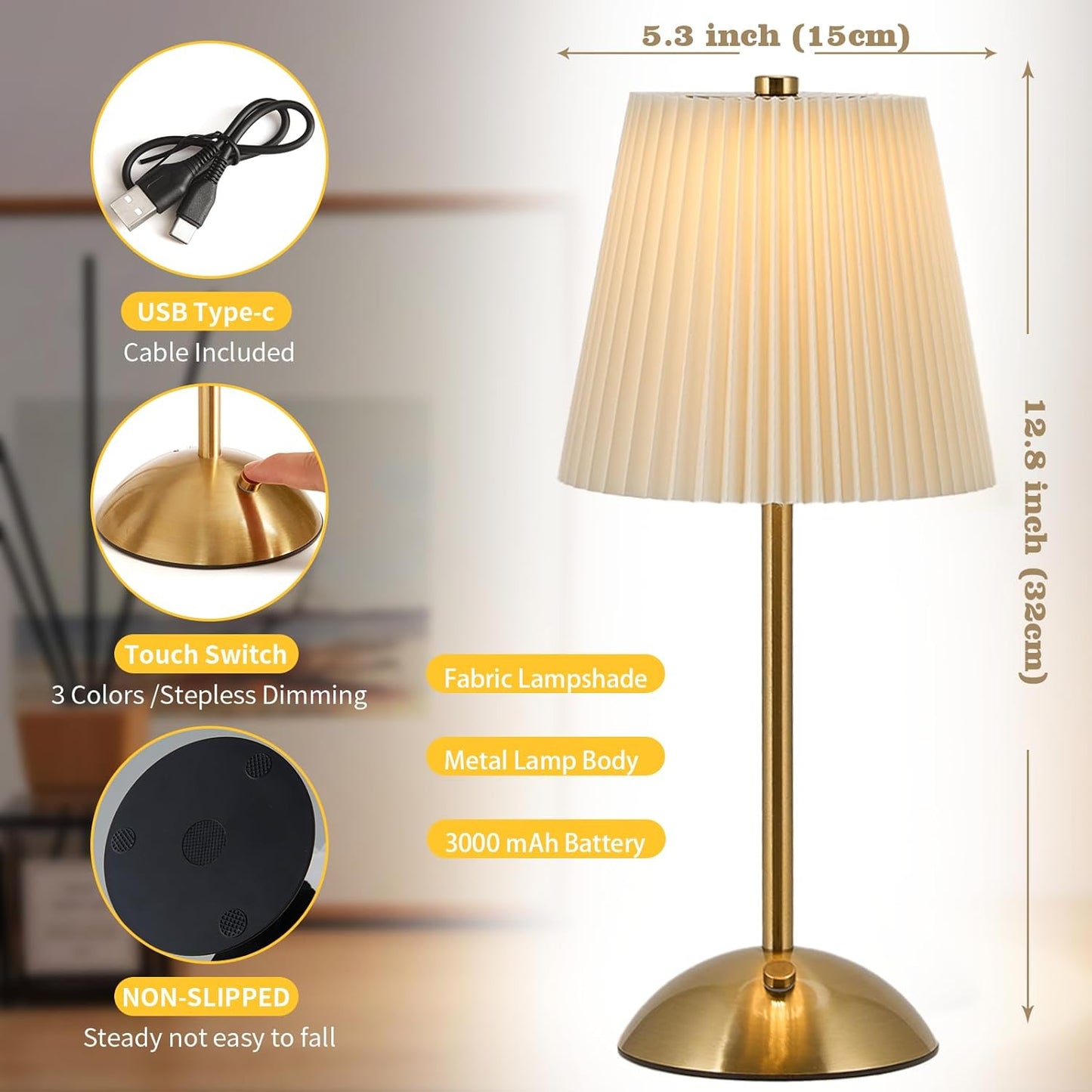 2-Pack Cordless Rechargeable Table Lamp 3-Color Dimmable Touch Control, 3000mAh Battery Operated Portable Light Beige Fabric Shade for Bedroom, Living Room, Office, Nursery, Bathroom