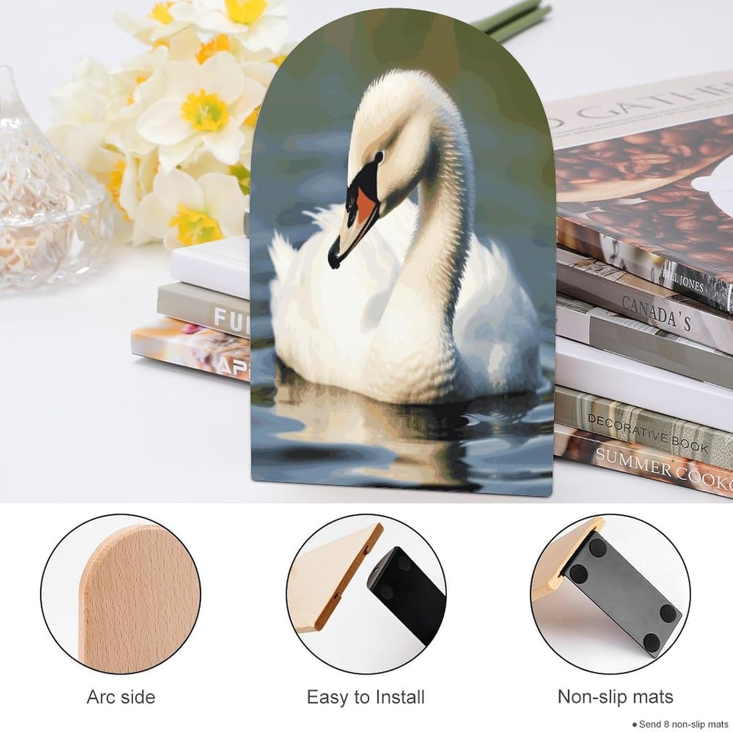 Non-Slip Bookend for Shelves Cute Little Swan Wooden Bookends with Metal Base Decorative Book Stopper for Home Heavy Duty Wood Book Storage for Books/CDs