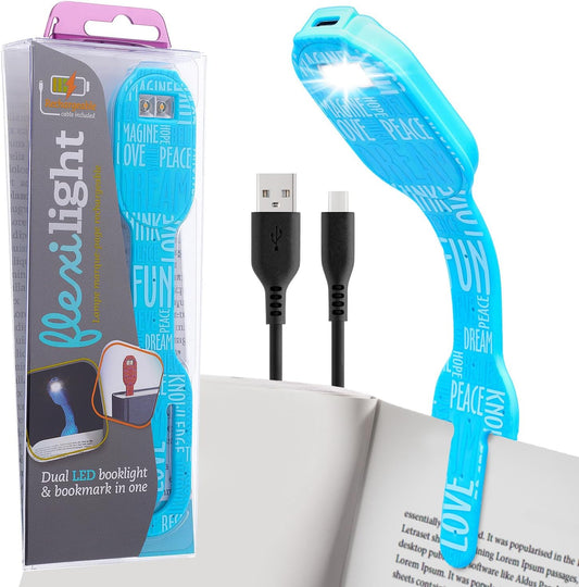 Gifts for Readers & Writers Rechargeable Book Light, Clip On Reading Light for Bed, 2in1 Flexilight & Bookmark, 12 Hours of Light Once Charged, Includes USB Cable & 2 LED Lights, Blue Words
