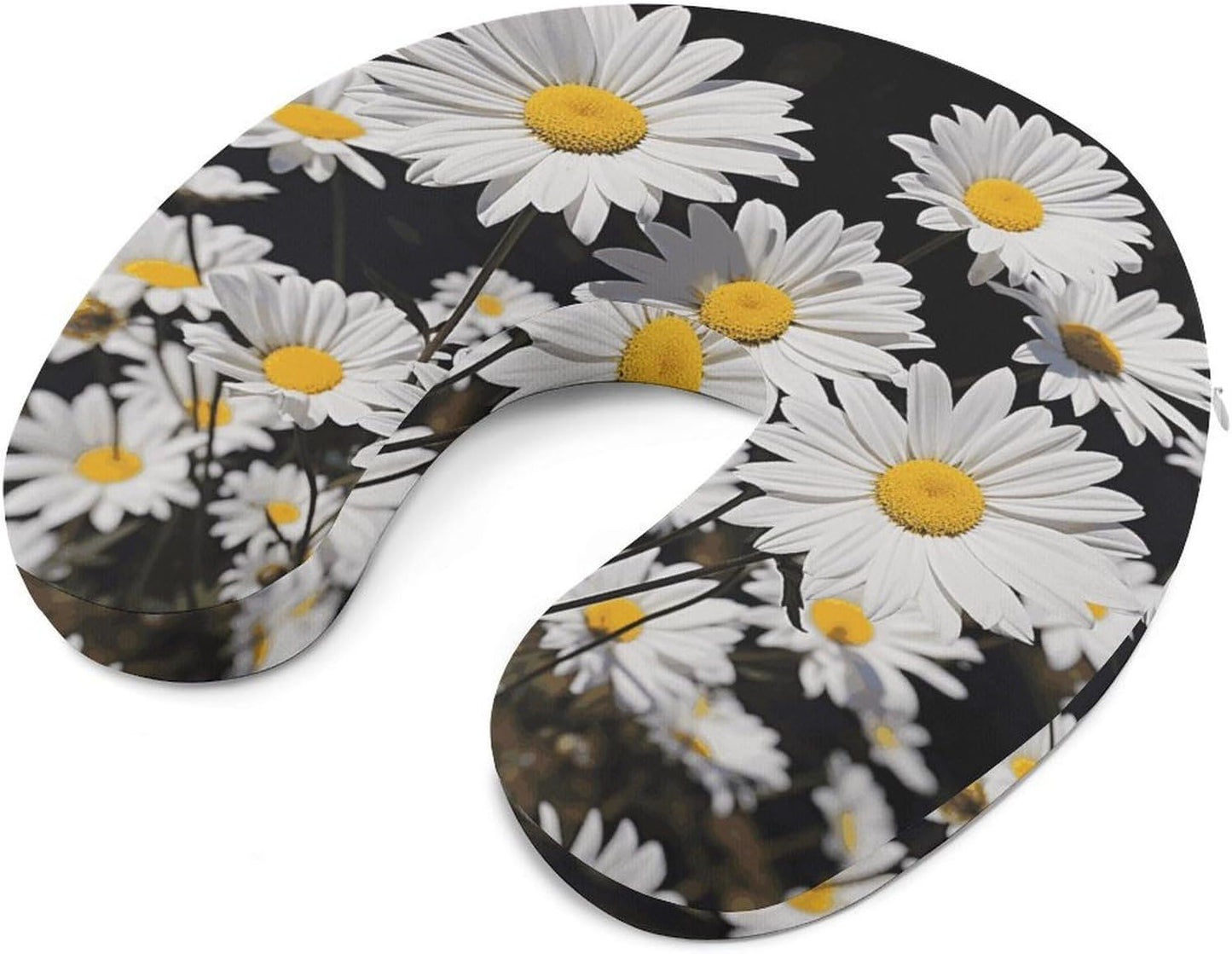 White Daisy Neck Pillow Memory Foam U Shaped Pillows Portable Pillows for Shoulder Travel Head Support Pillow with Concealed Zipper for Airplane Car Home Office