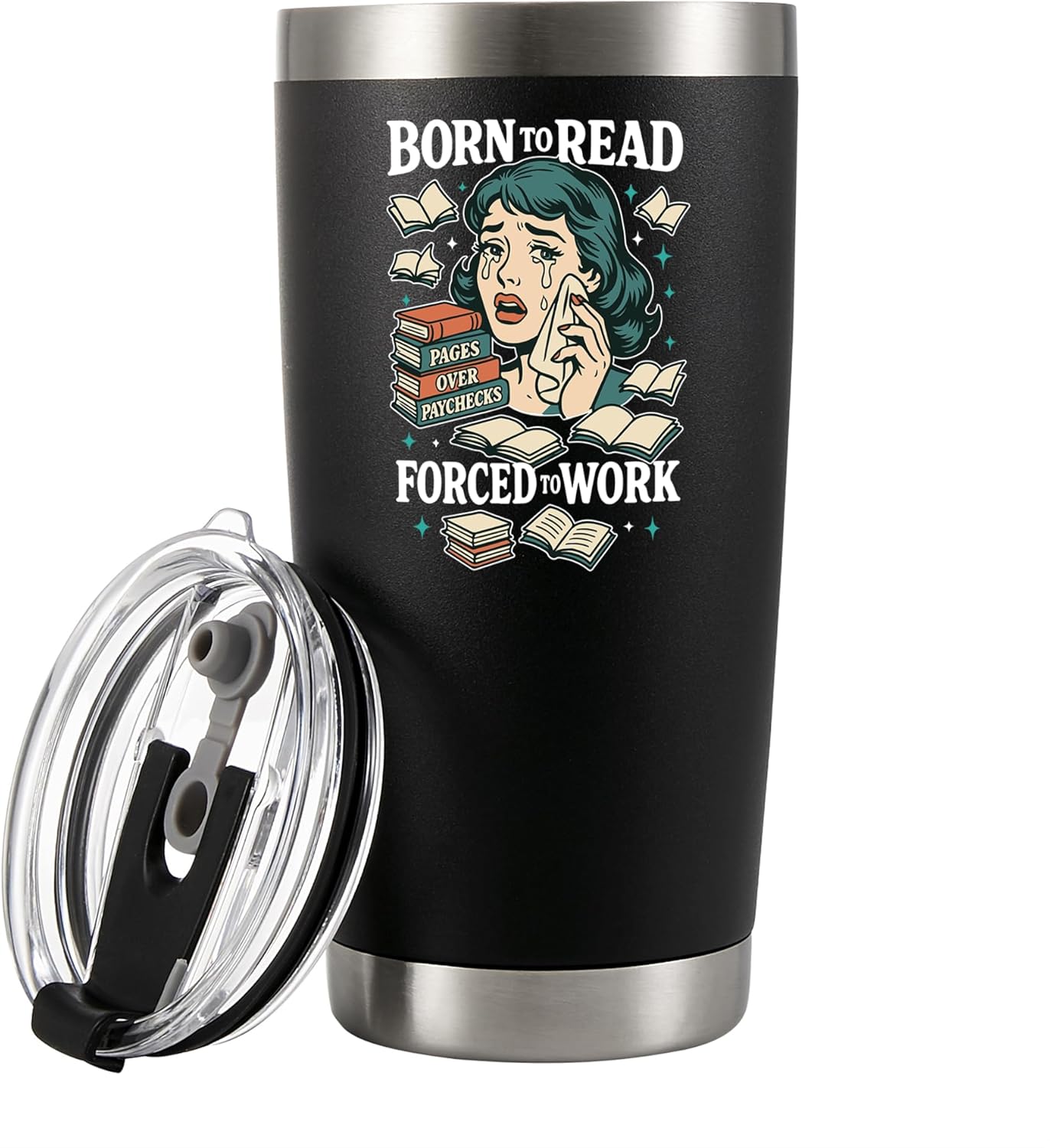 Panvola Born To Read Forced To Work Book Lover Gifts Book Readers Gifts Bookworm Bibliophile Librarian Vacuum Insulated Stainless Steel Tumbler With Removable Lid And Straw 20 oz Black