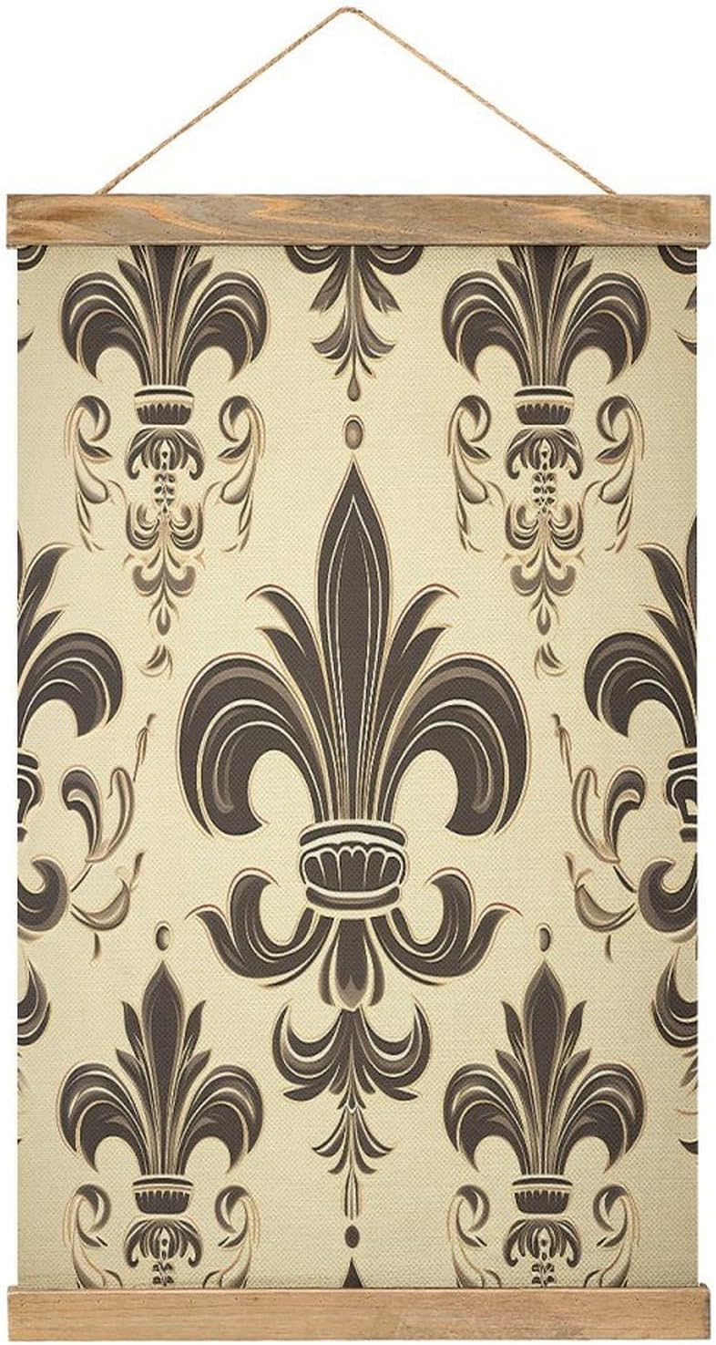 Vintage Fleur-de-Lis And Coat Arms Knight Poster with Wooden Frame Personalized Linen Hanging Scroll Painting Rustic Wall Hanging Illustrative Modern Artwork Decor for Home Living Room Bedroom Office