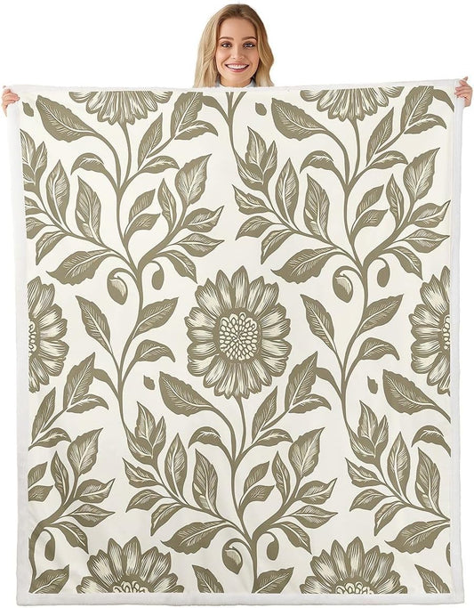 Feelyou Boho Floral Throw Blanket Vintage Flowers Soft Fleece Sherpa Cozy Fuzzy Plush Warm Garden Fuzzy Plush Throw Queen 90"x90" for Bed Couch Living Room