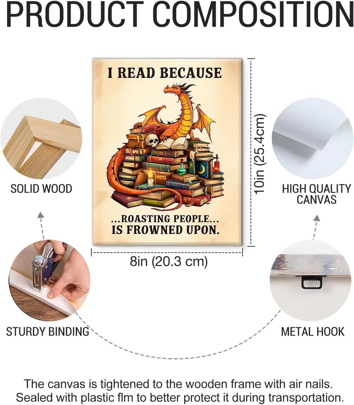 Vintage Bookish Dragon Wall Art Print - Funny Dragon Books Canvas Poster Painting - Book Lover Gifts Wall Decor for Home Reading Nook Library 8x10 Inch Framed