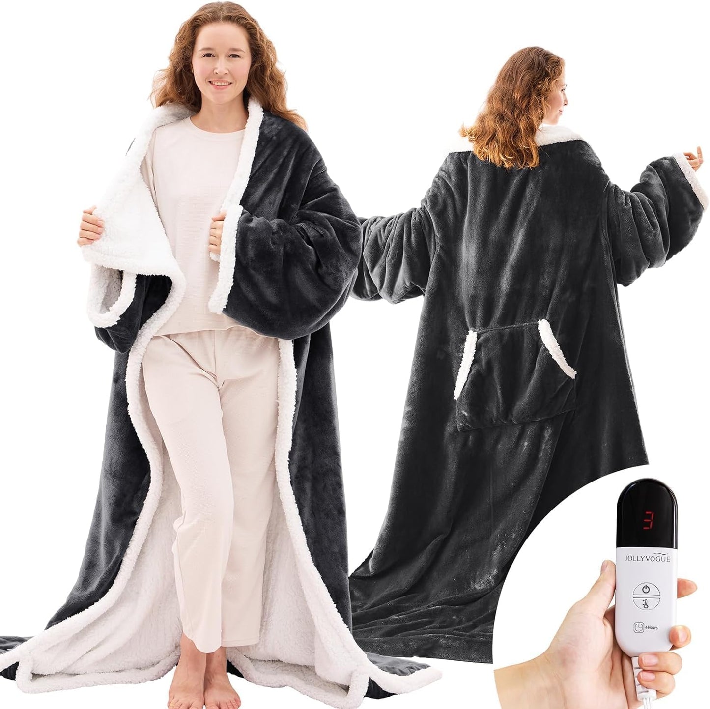 JOLLYVOGUE Wearable Heated Blanket - Heating Electric Blanket with Sleeves & Foot Pocket, Heated Throw for Adult, Birthday Gifts with 7 Heat Settings & fixed 4h Auto Shut-off (50*70 Inch, Dark Grey)