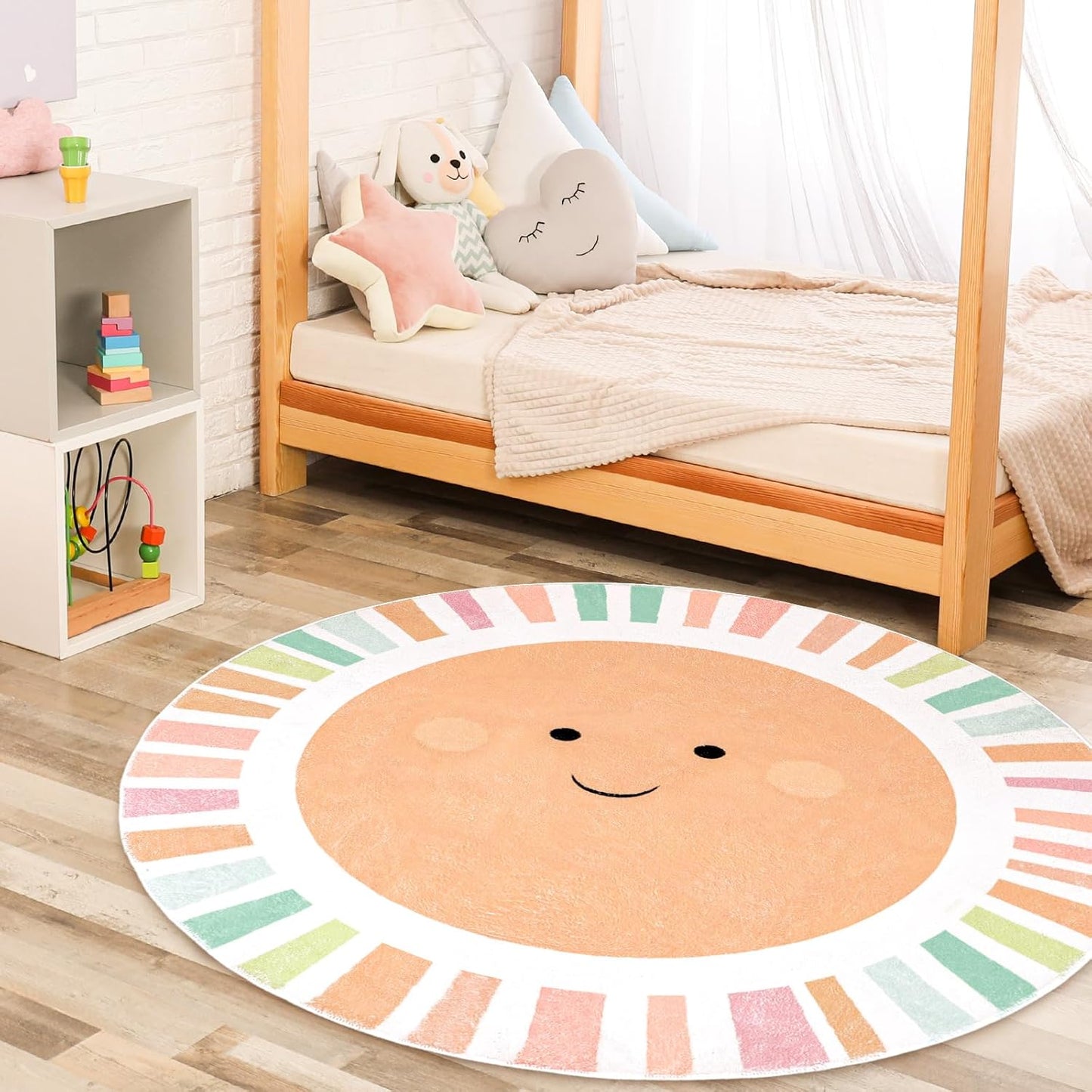Boho Sun Round Rug 4 Ft Cute Colorful Sunshine Circle Area Rug Washable Non-Slip Throw Soft Carpet for Home Kindergarten Reading Nook Playroom Living Room Dining Room Decor