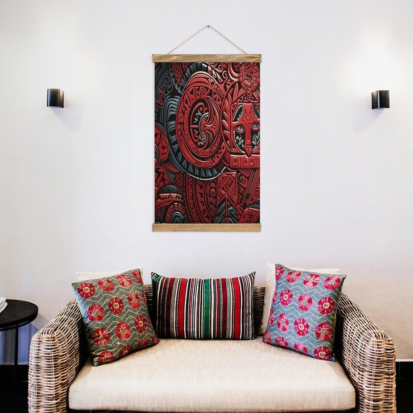 Vintage Red Tribal Pattern Poster with Wooden Frame Personalized Linen Hanging Scroll Painting Rustic Wall Hanging Illustrative Modern Artwork Decor for Home Living Room Bedroom Office