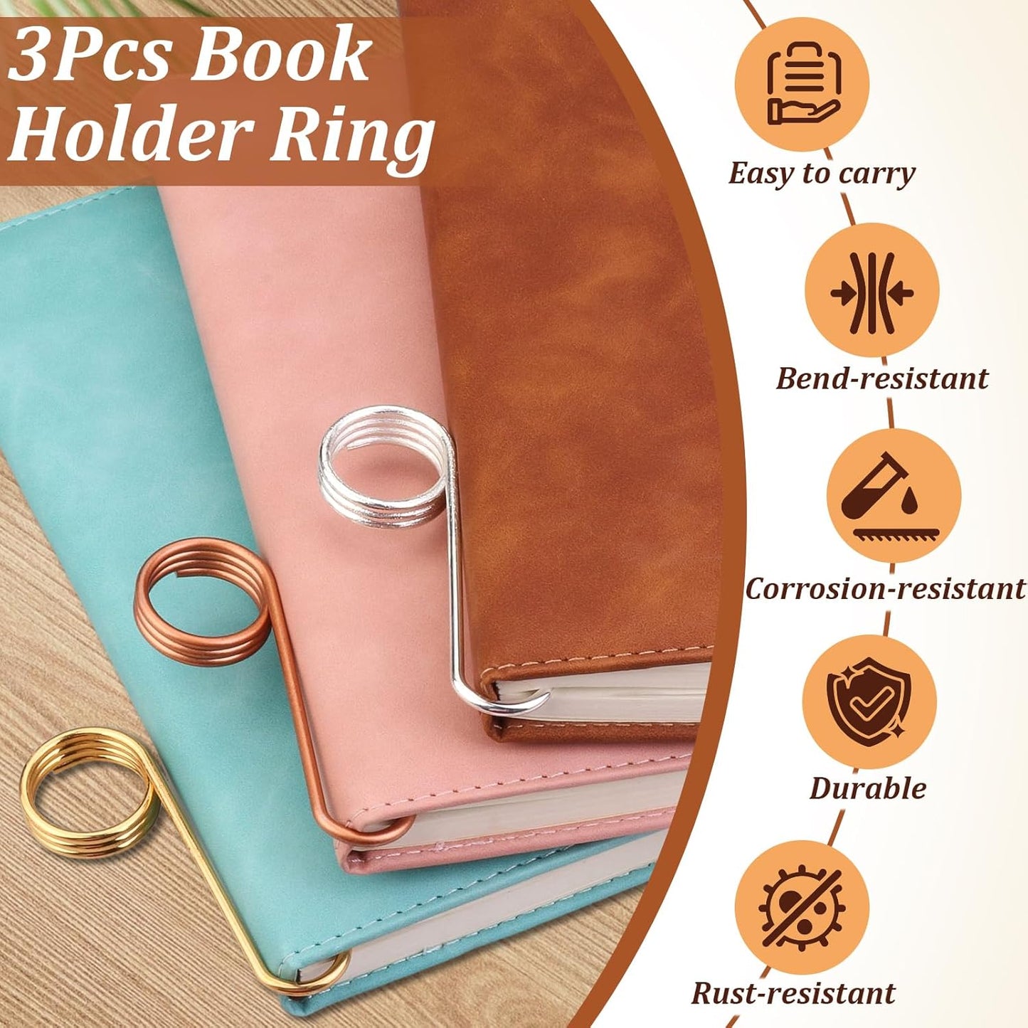 3Pcs Book Holder Ring, Metal Thumb Book Page Holder, Lightweight Ring Book Opener for Reading, Ergonomic Book Page Holders, Gifts for Book Lovers (Copper/Gold/Silver)