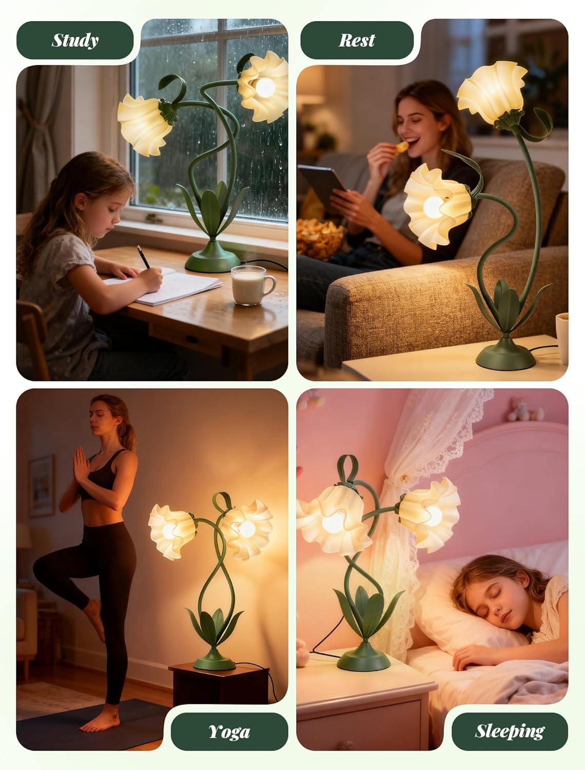 Flower Desk Lamp, Vintage Bedside Table Lamp for Bedroom, Flexible LED Reading Light with 3 Color Modes and Clamp, Unique Aesthetic Home Living Room Decor Dorm Essentials Valentines Day Gifts(Green)