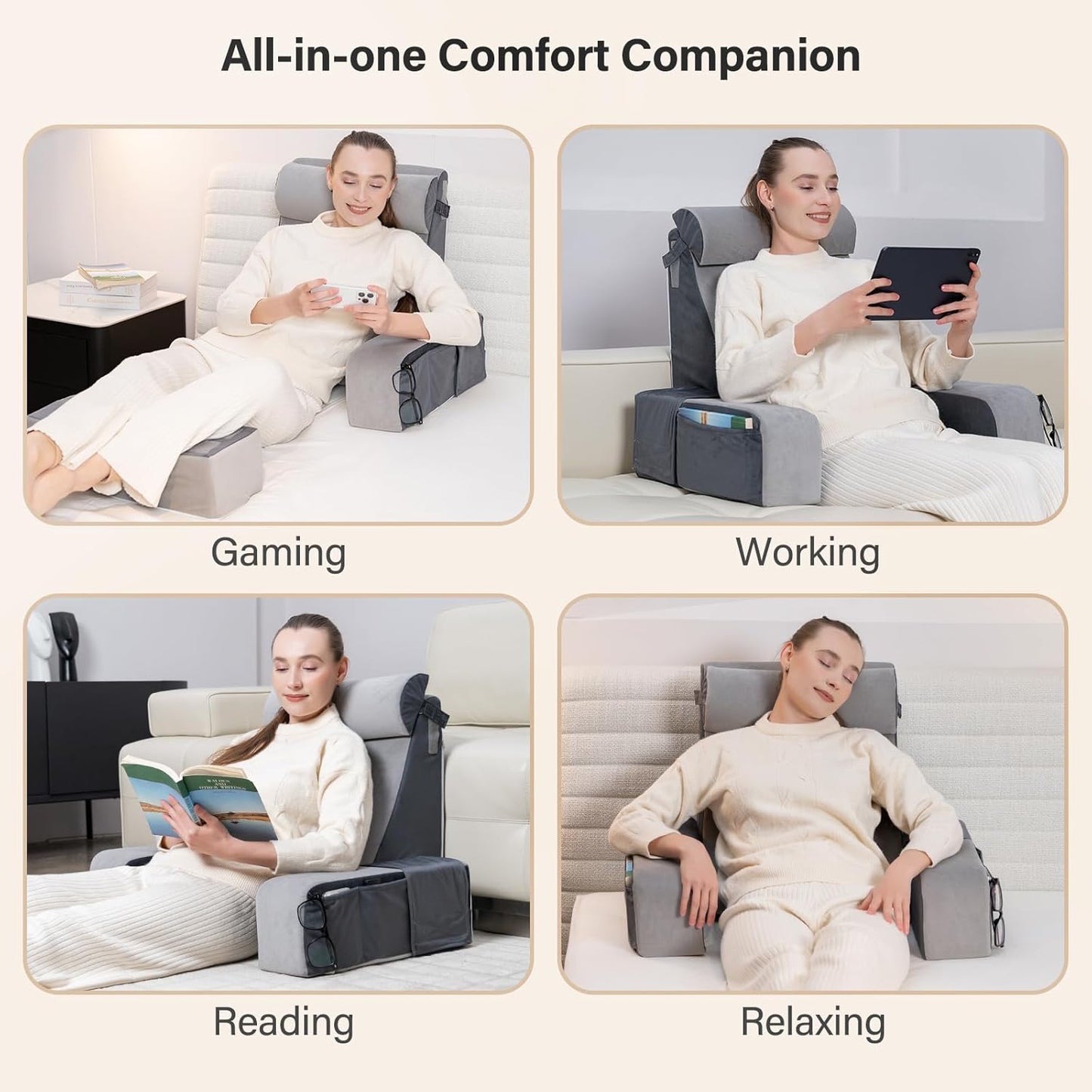 Reading Pillow for Bed — 21" 60° Ergonomic Wedge, XL Side Pockets, Removable Cover, Lightweight