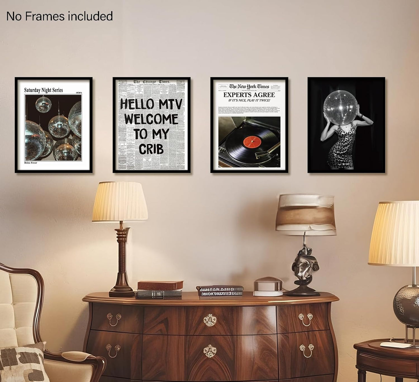 KDHTY Vintage 70s Disco Ball Newspaper Prints Wall Art,Retro Room Cheetah Print Decor,Trendy Black And White Newspaper Wall Art,Record Player Poster for Room Aesthetic,Vintage Decor for College Apartment 8x10 Unframed 4 Pcs