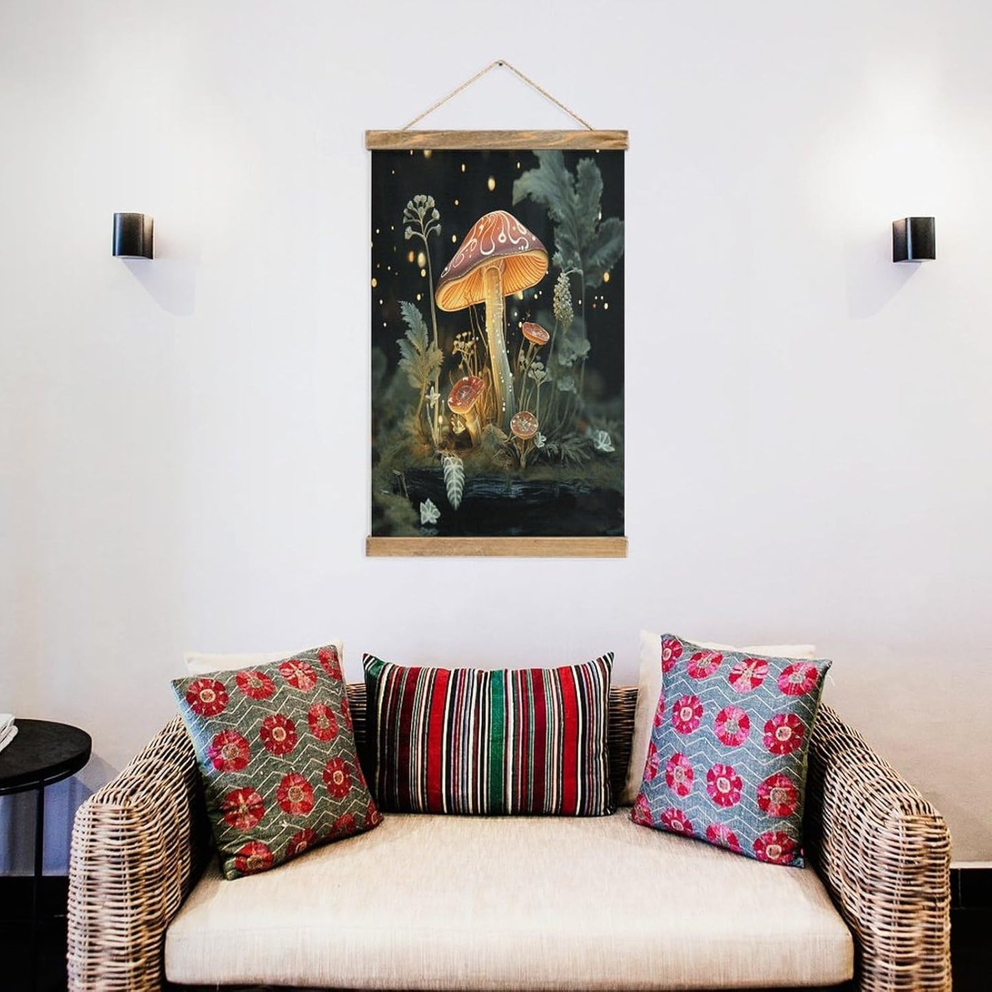 Vintage Butterfly Mushroom Poster with Wooden Frame Personalized Linen Hanging Scroll Painting Rustic Wall Hanging Illustrative Modern Artwork Decor for Home Living Room Bedroom Office