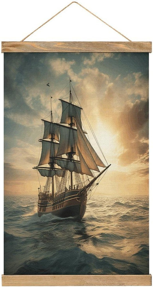 Vintage Ship Sailing Alone Poster with Wooden Frame Personalized Linen Hanging Scroll Painting Rustic Wall Hanging Illustrative Modern Artwork Decor for Home Living Room Bedroom Office