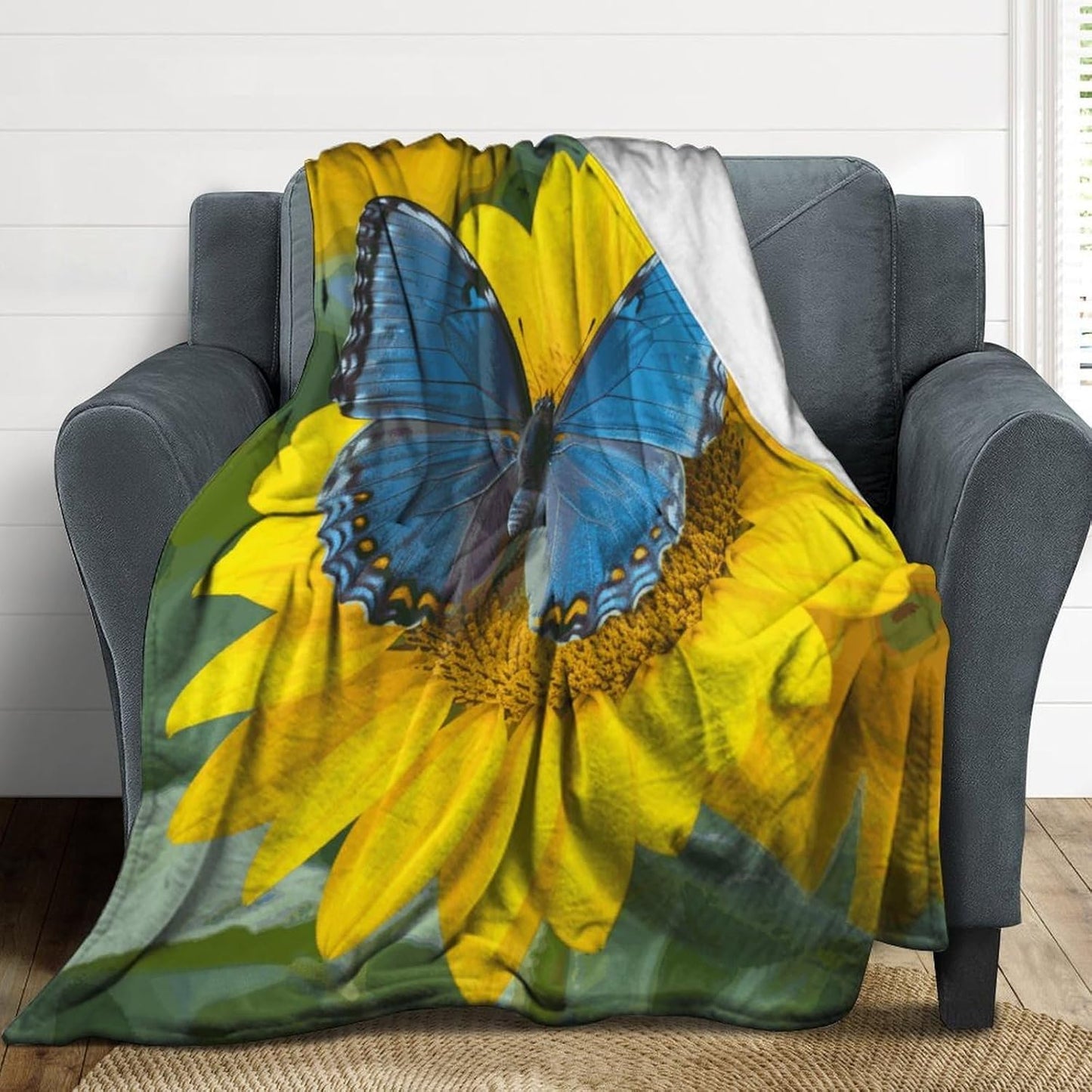 Sunflower Blue Butterfly Blanket Super Soft Lightweight Throw Blanket Cute Cozy Warm Bed Blanket Decorative Fuzzy Blanket All-Season Home Decor Gift for Sofa Couch Living Room 40"*50" （100 * 130cm）