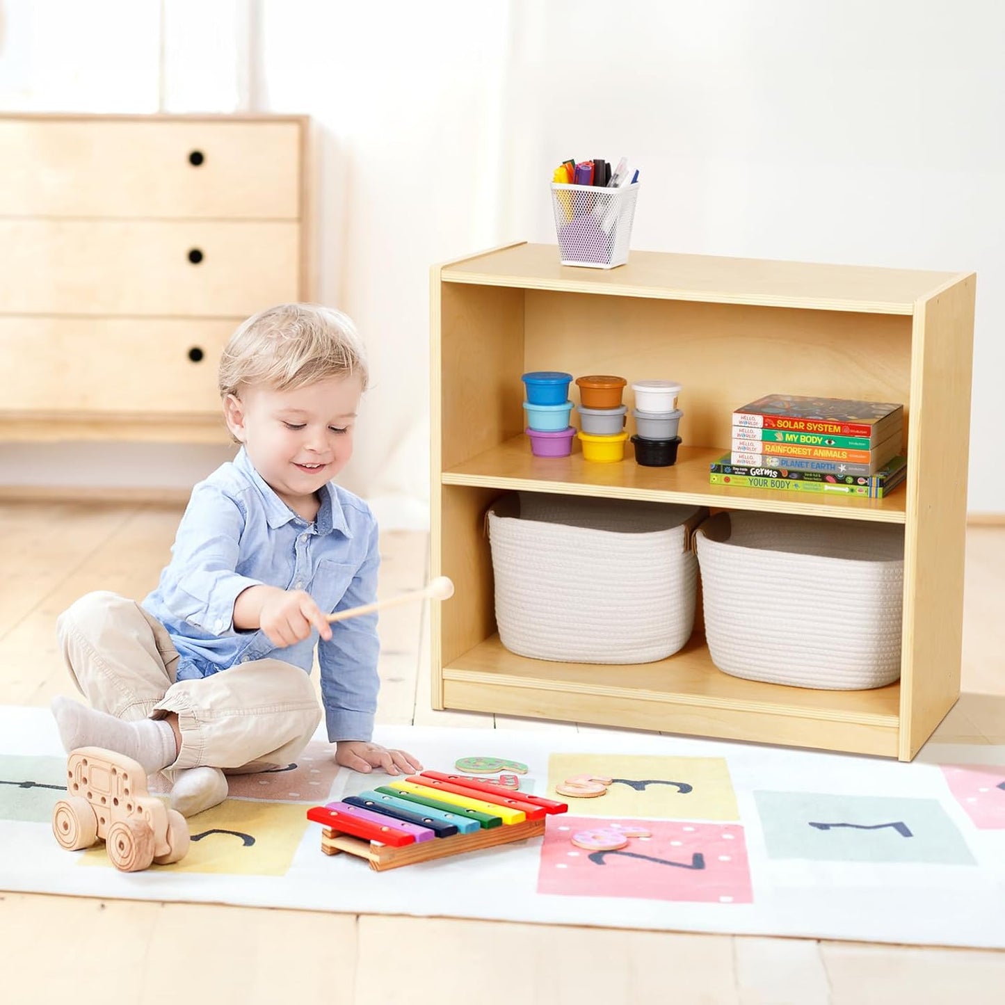OOOK Montessori Toy Shelf, 2-Tier Wooden Storage Shelf for Kids, Modern Style, Kids Bookshelf and Toy Storage, Classroom, Kindergarten, Playroom, Daycare Center
