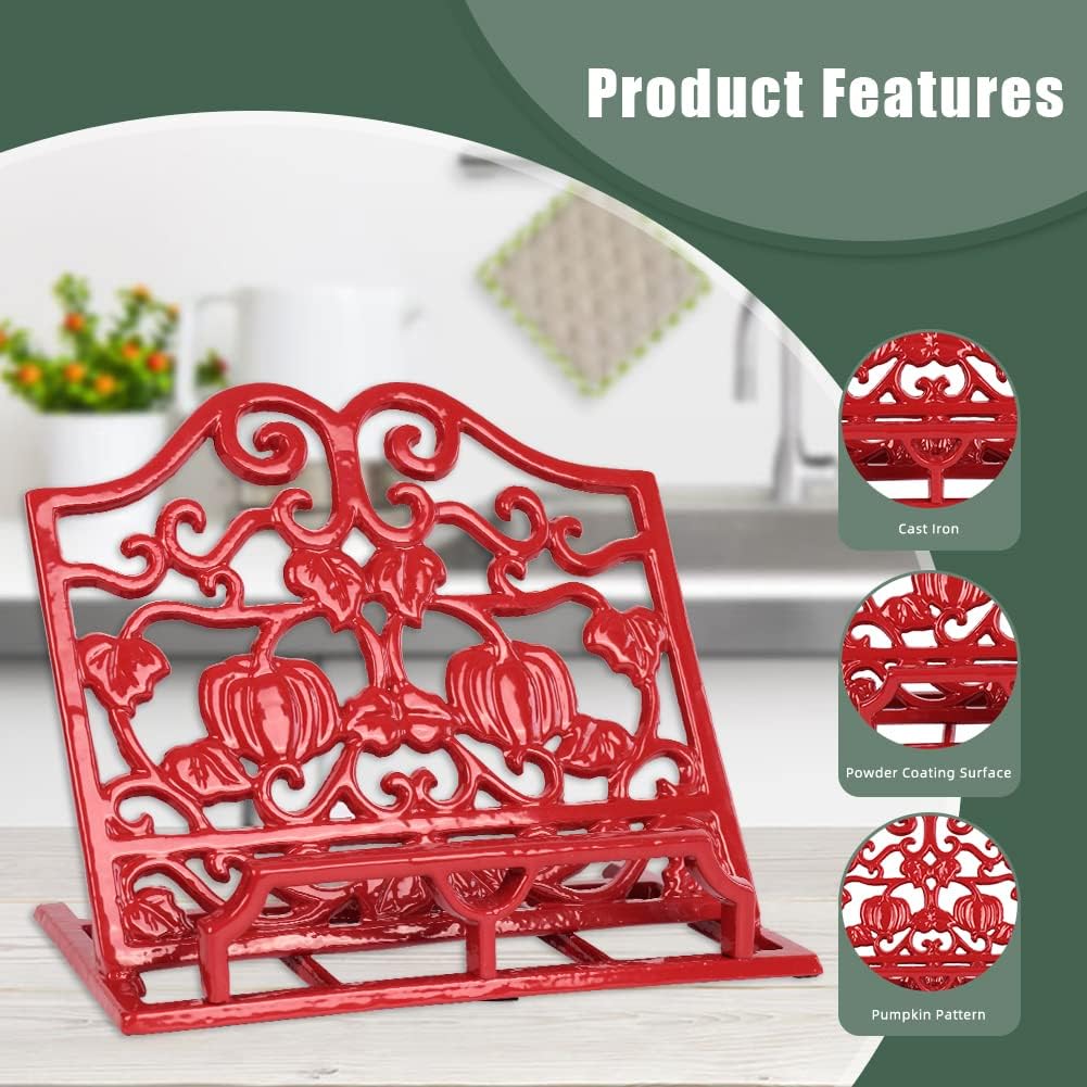 Vintage Cookbook Stand, Robust Wrought Cast Iron Recipe Book Holder for Kitchen Counter, Large Metal Cook Book Stand with Pumpkin Design, Red