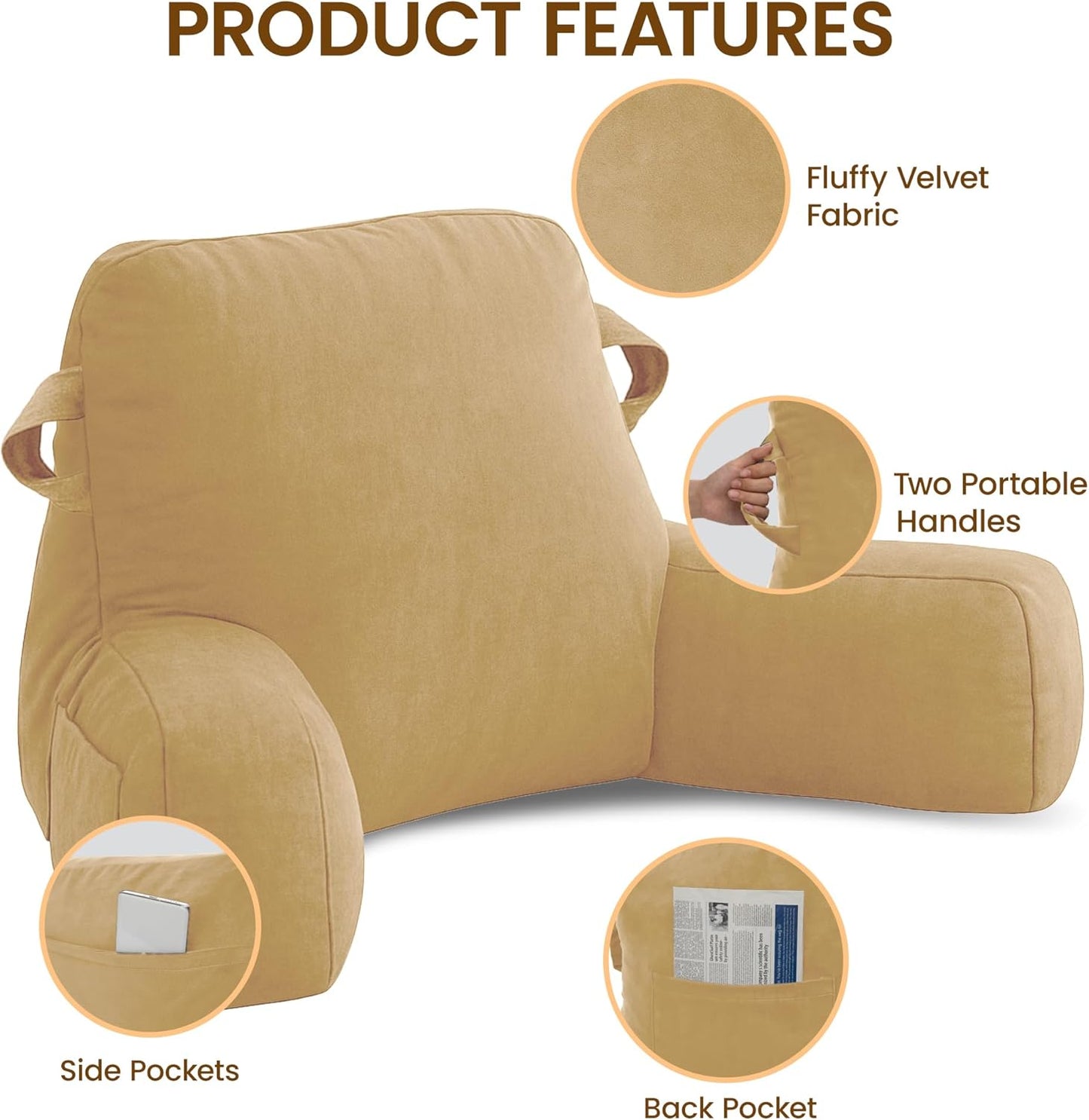 Portable Comfy Reading Pillows for Bed Sitting Up(Camel Oeko-Tex), Velvet Back Pillow with Arms & Pockets for Adults, Support Memory Foam Bed Pillow for Dorm/Reading/Watching/Gaming