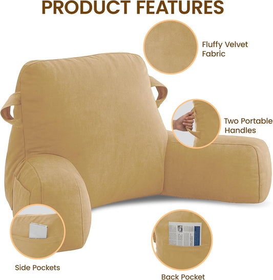 Portable Comfy Reading Pillows for Bed Sitting Up(Camel Oeko-Tex), Velvet Back Pillow with Arms & Pockets for Adults, Support Memory Foam Bed Pillow for Dorm/Reading/Watching/Gaming