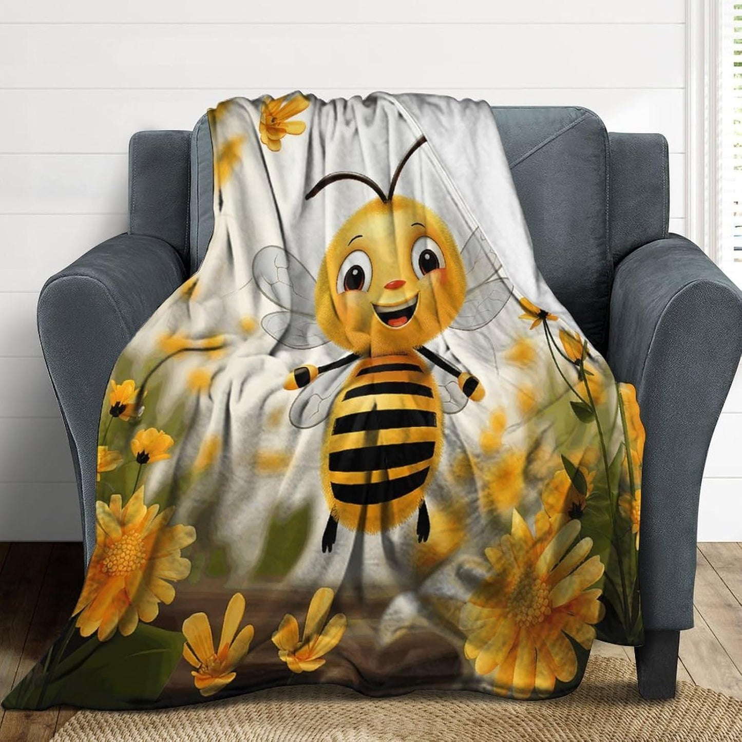 Cute Bees Daisy Flower Throw Blanket for Couch Super Soft Warm Lightweight Throw Blankets Cozy Flannel Bed Blanket Cute Decorative Blankets for All Seasons Home Decor Gift 50"*60"（130 * 150cm）