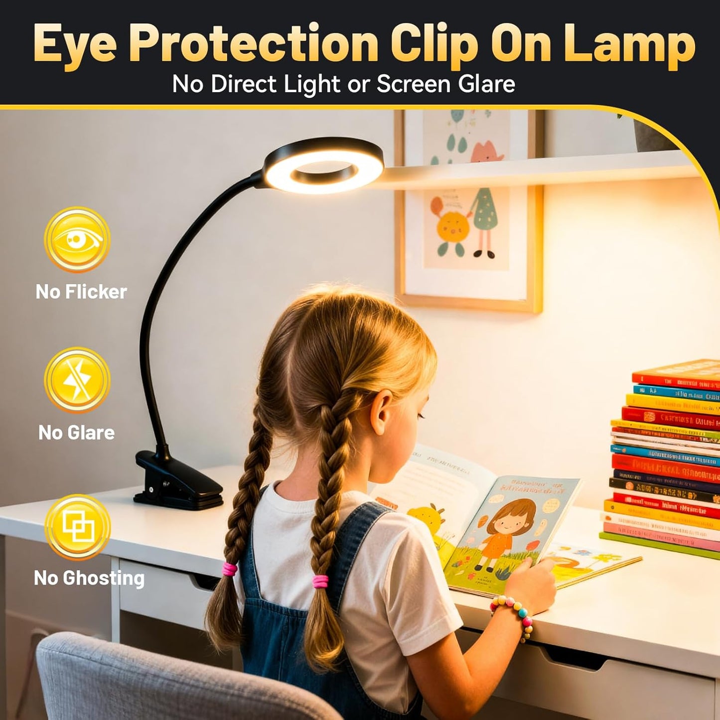 Clip on Reading Light for Bed Headboard, Rechargeable Battery with Large Clamp, 5 Colors & 5 Brightness Flexible Neck Desk Lamp, Eye Protection LED Touch Control Book Light for Kids, Bunk Bed, (Black)
