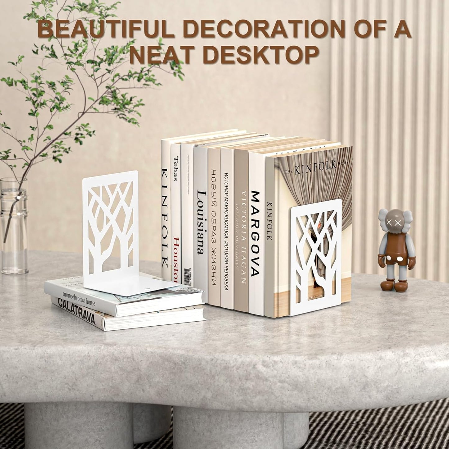 VFINE Withe Bookend 2-Piece, Tree Design Bookends for Shelves, Metal Book Ends for Desk, Decoration Stylish Bookshelf Bookends for Home Office School Supplies