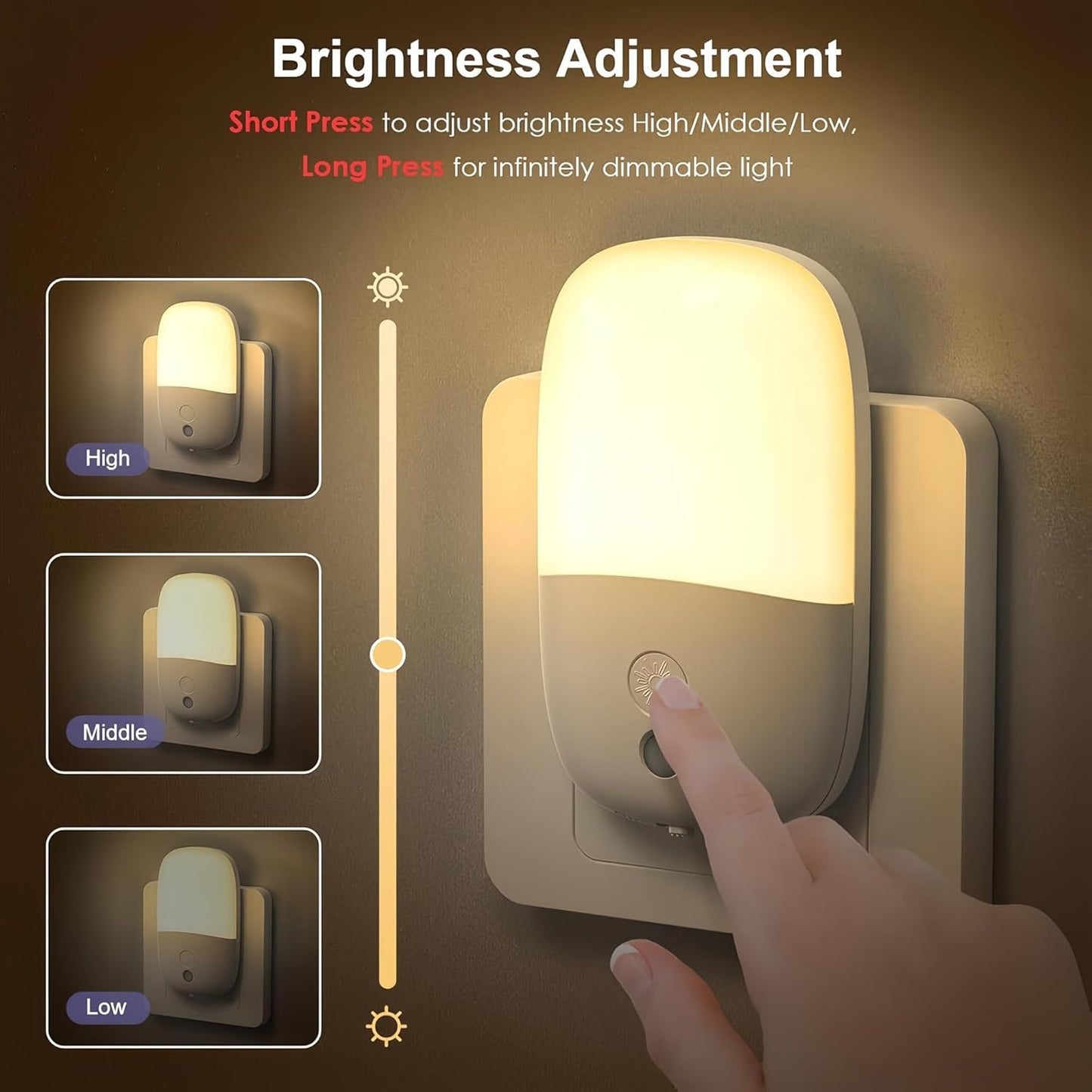 Dimmable Night Light Plug in with On/Off Switch, Auto Dusk to Dawn Sensor LED Nightlights, Adjustable Brightness (Warm White) for Bathroom, Hallway, Kids Room, Stairs (2 Pack)