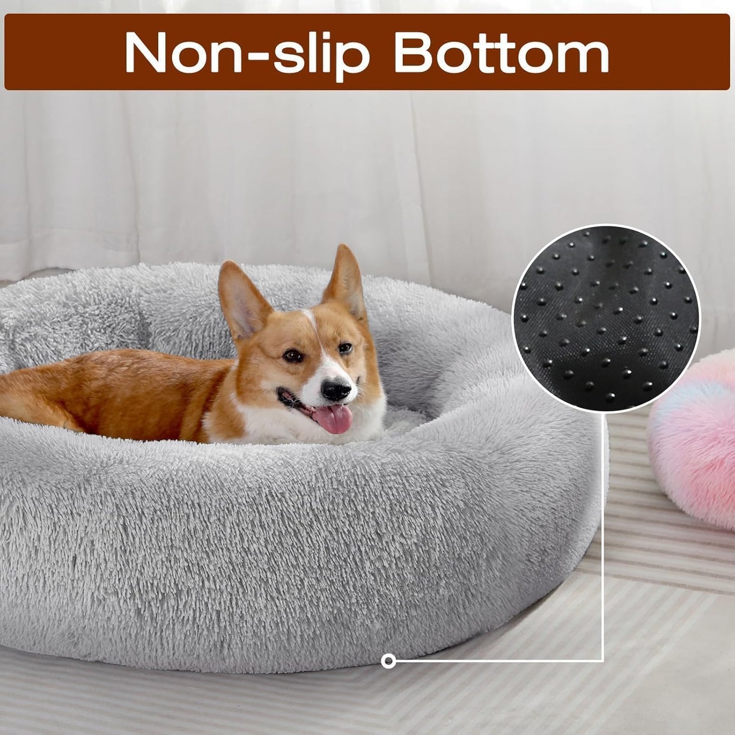 JOLLYVOGUE Small Dog Bed, Calming Soft Anti-Anxiety Donut Cat Bed, Washable Round Fluffy Cushion for Small and Medium Pets (20")