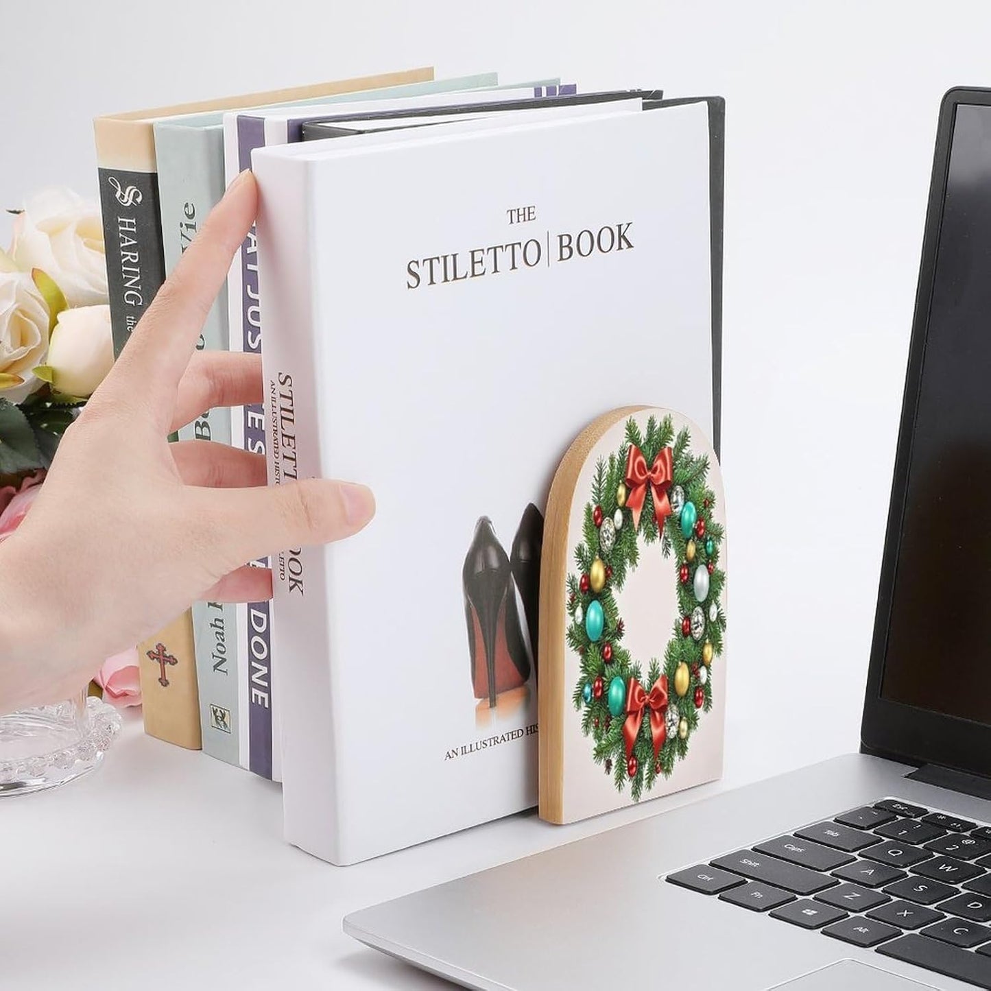Christmas Wreath of Evergreen Branches Bookends 1 Pair Heavy Duty Book Ends for Shelves Non-Skid Bookend Supports Wooden Book Holders with Metal Base Desk Organizers Books Storage to Hold Books