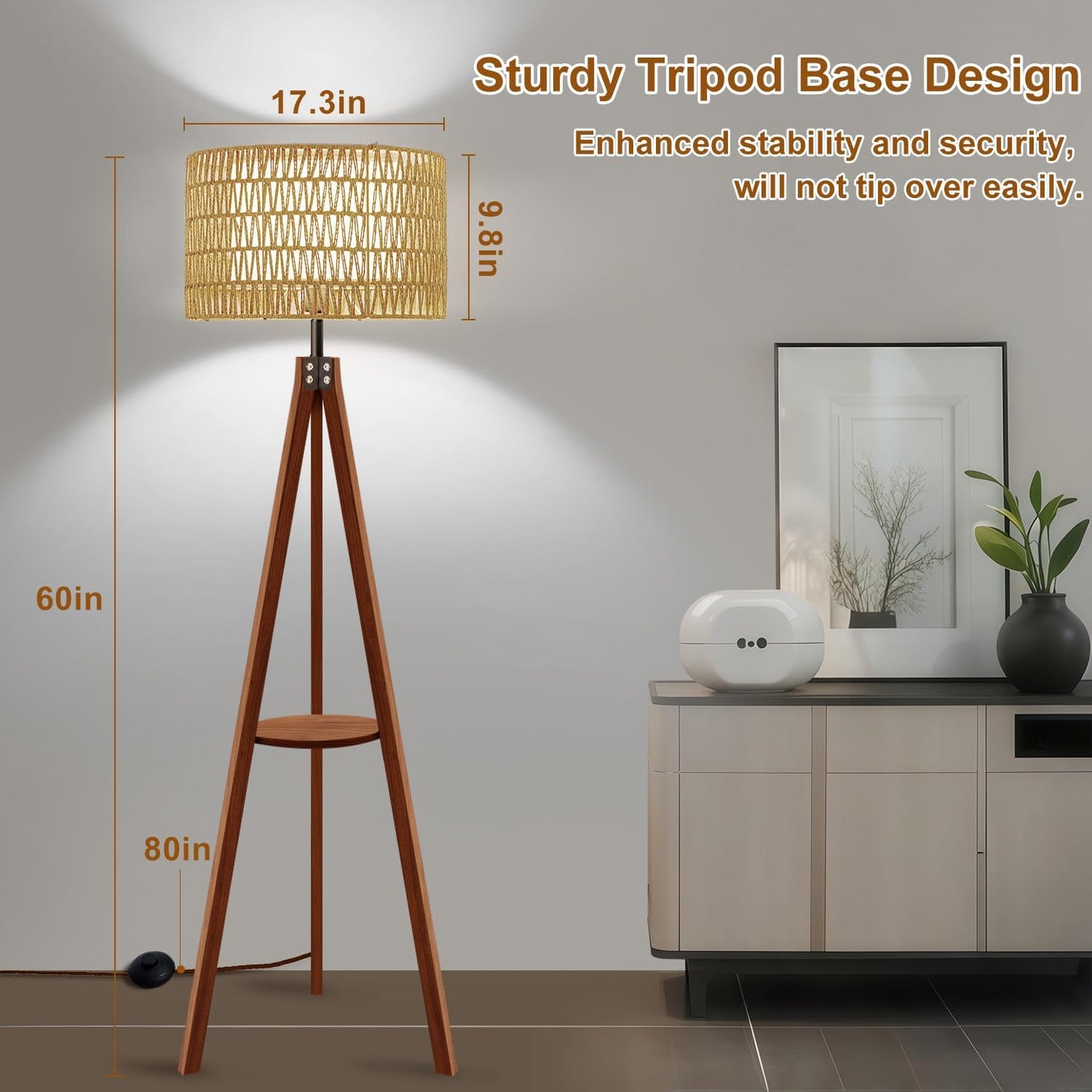 Boho Rattan Floor Lamp with Shelf & Bulb Included, Wicker Tripod Floor Lamp 3 Color Temperatures, Wood Rustic Tall Lamps with Foot Switch, Walnut Boho Standing Lamps for Living Room Bedroom