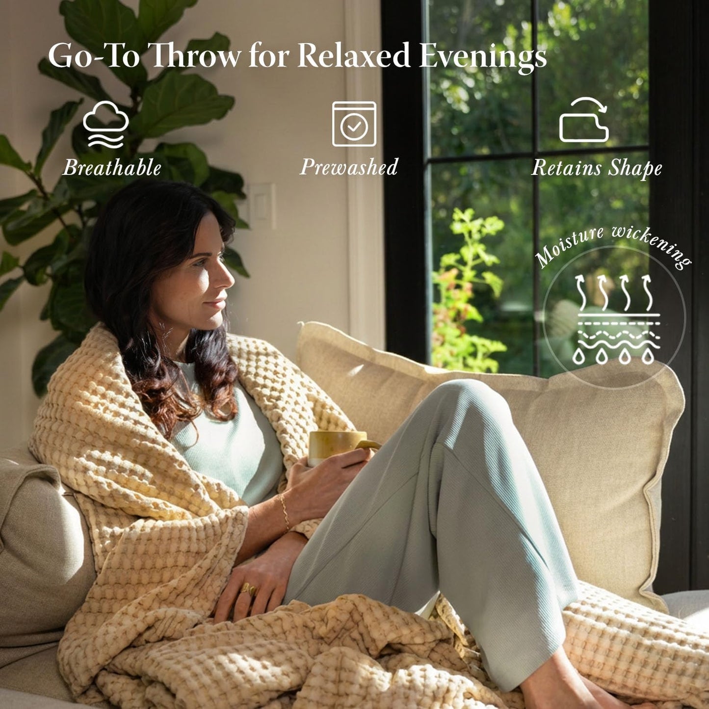 Threadmill Cooling Waffle Blanket King Size | Breathable, Lightweight and Cooling | Made from Rayon Derived from Bamboo | Waffle Throw Blanket for Couch and Sofa | 106 x 92 Inches | Beige